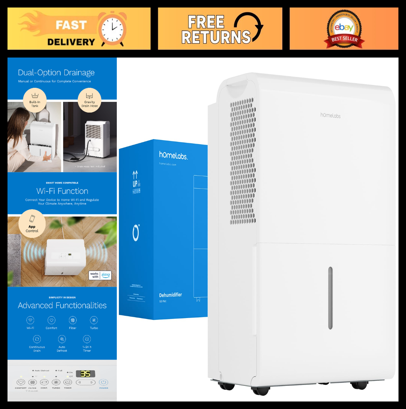 High-Capacity Dehumidifier 7,000 Sq Ft, 50 Pint, WiFi, Quiet, Auto Shut-off, Ide0