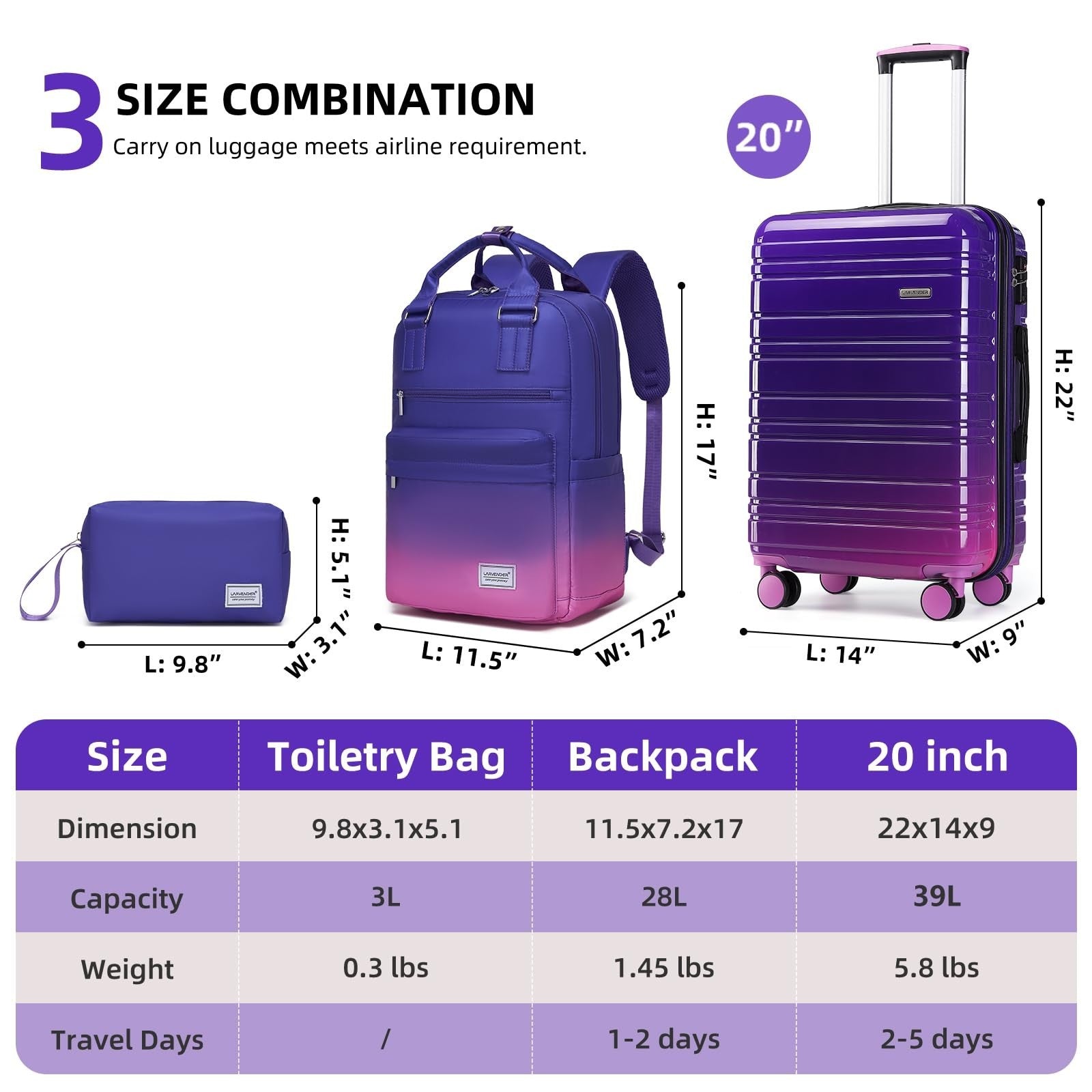 3-Piece Carry-On Luggage Set, 20" Hardshell Suitcases, TSA Lock, 360° Wheels, Ba2