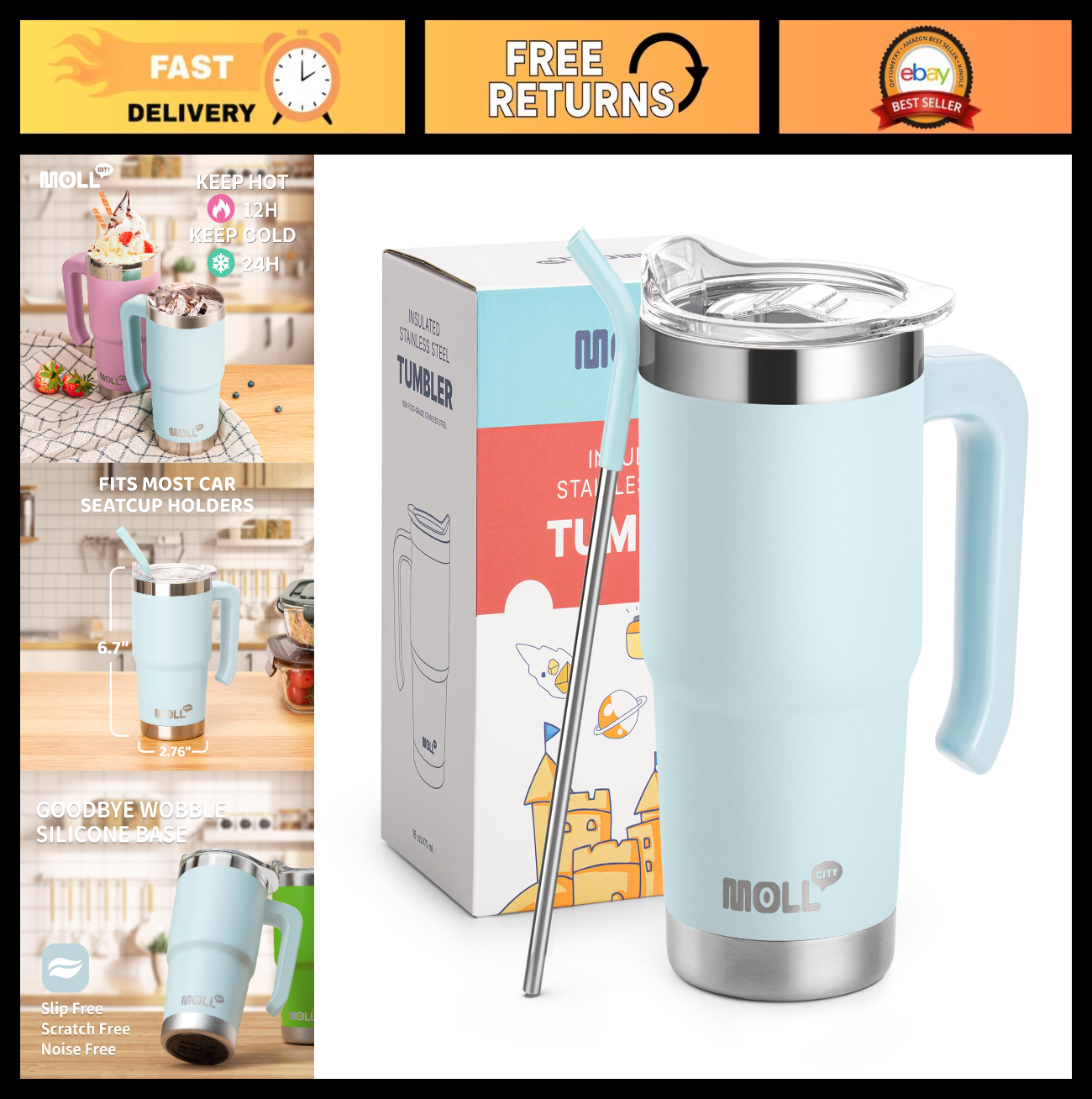 Insulated Travel Coffee Mug 16oz   Stainless Steel Tumbler with Lid & Straw   Ba0