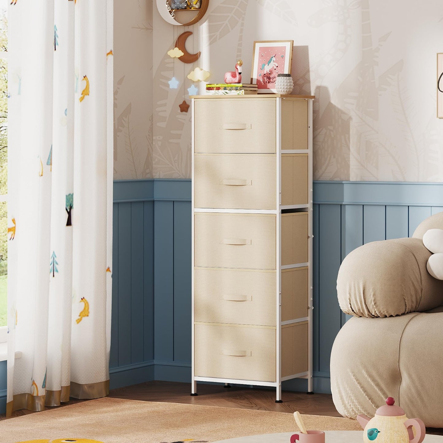 Tall Dresser for Bedroom - 5 Drawer Vertical Storage Chest, Cream White, Small S2