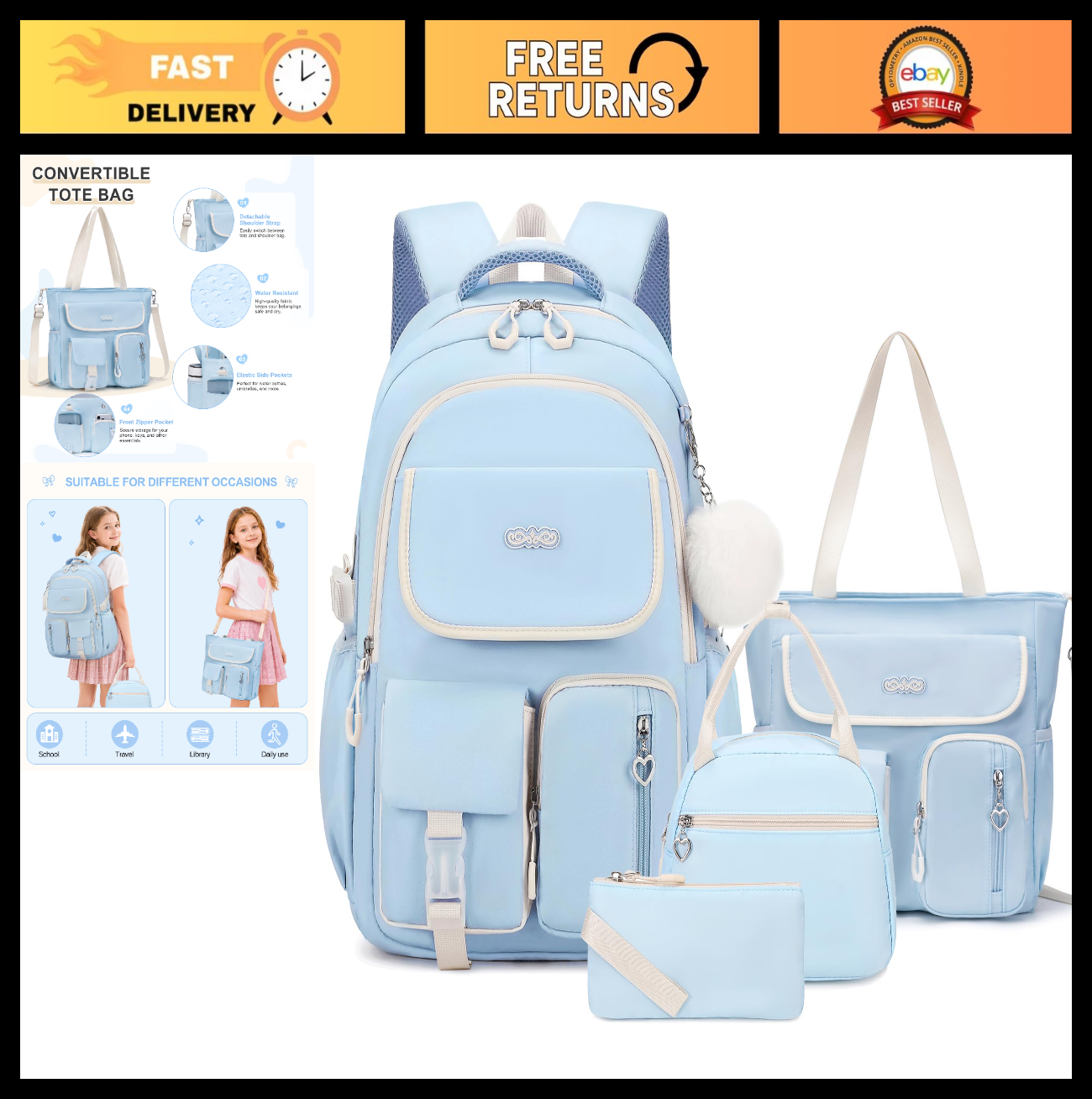 4PCS Girls Backpacks Set with Tote Bag, Lunch Box & Pencil Pouch   School Suppli0