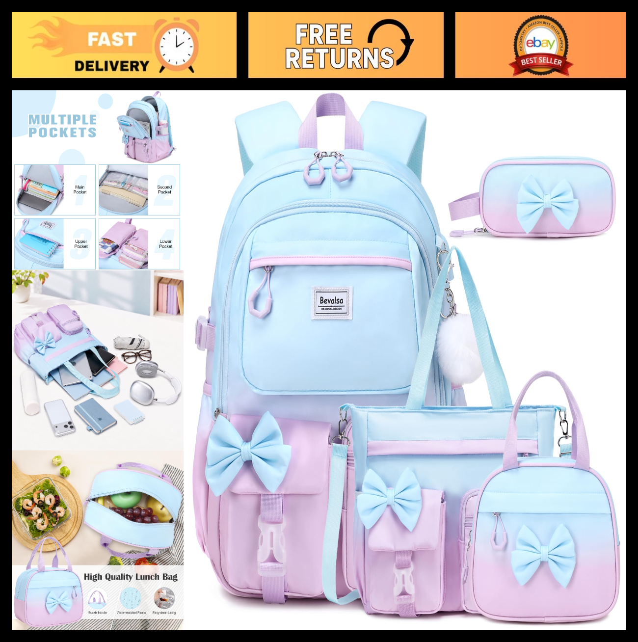 Cute Bow Backpack for Girls   School Bag with Lunch Bag & Pen Case, Stylish & Fu0