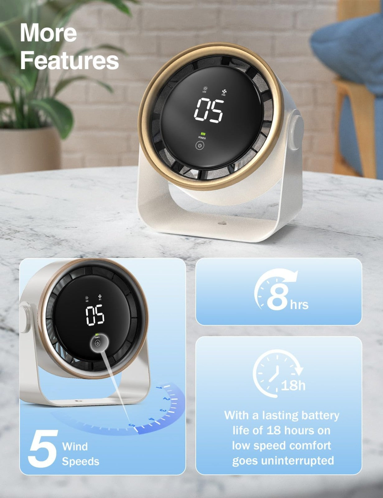 Ultra Quiet Small Desk Fan, Touch Control, Multi Speed Air Circulator, USB Recha5