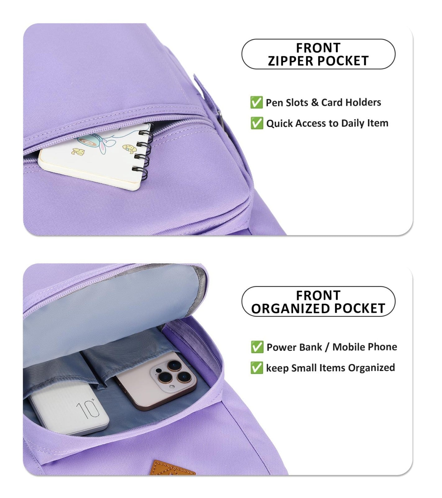 Solid Color Backpack for Girls & Women   Water Resistant School Bag   Light Purp3