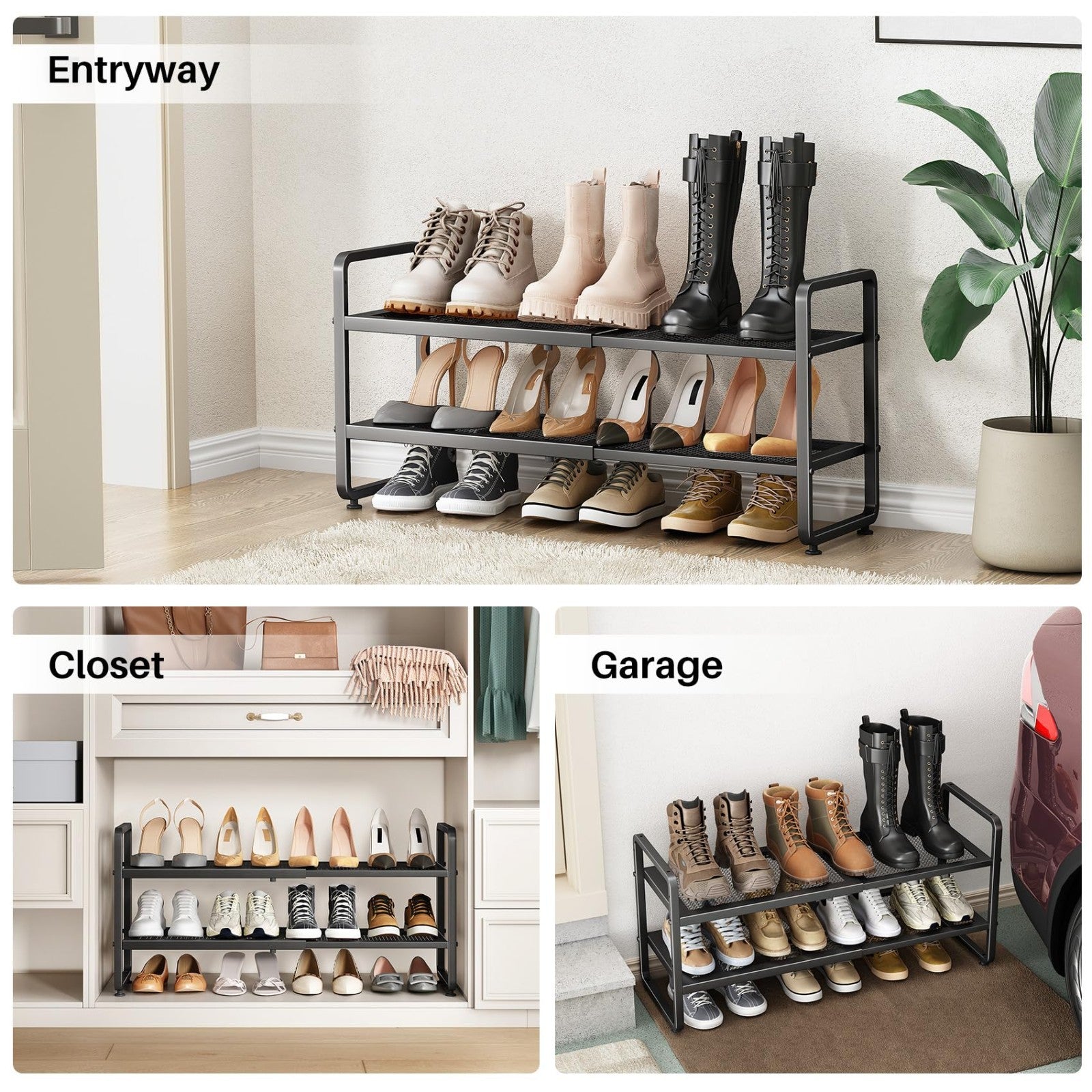 Expandable 2 Tier Metal Shoe Rack   Adjustable Height, Stackable, Fits Small Spa7