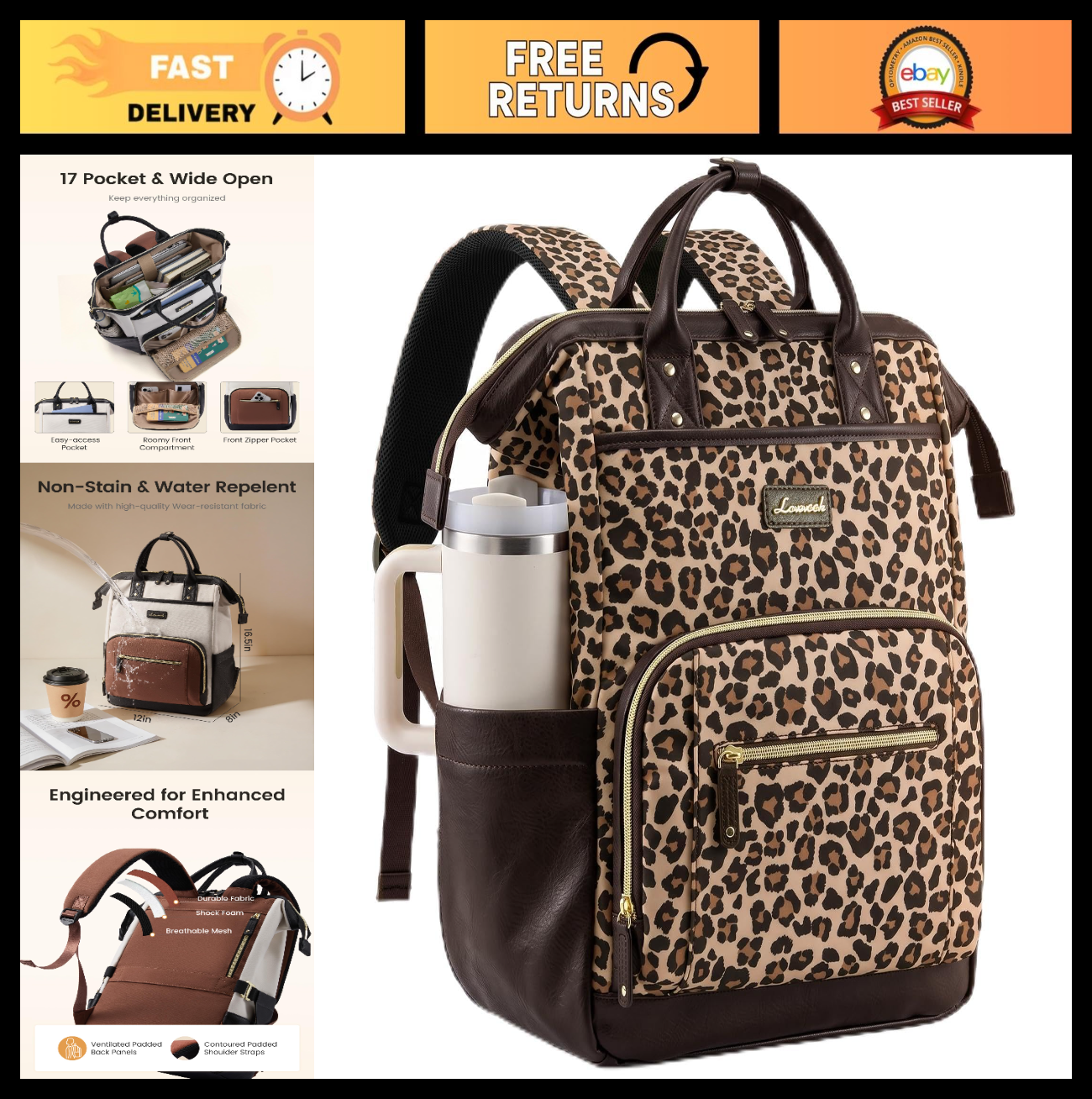 Stylish 15.6" Laptop Backpack with Tumbler Holder, Travel Bag for Work & College0