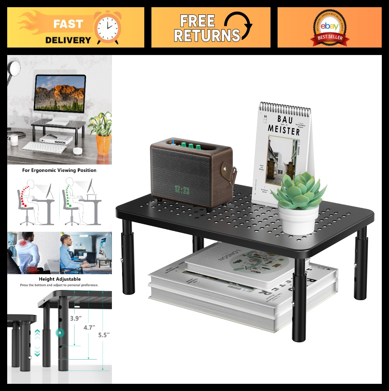 Adjustable Monitor Stand Riser with Storage, Desk Organizer for Home/Office, Bla0