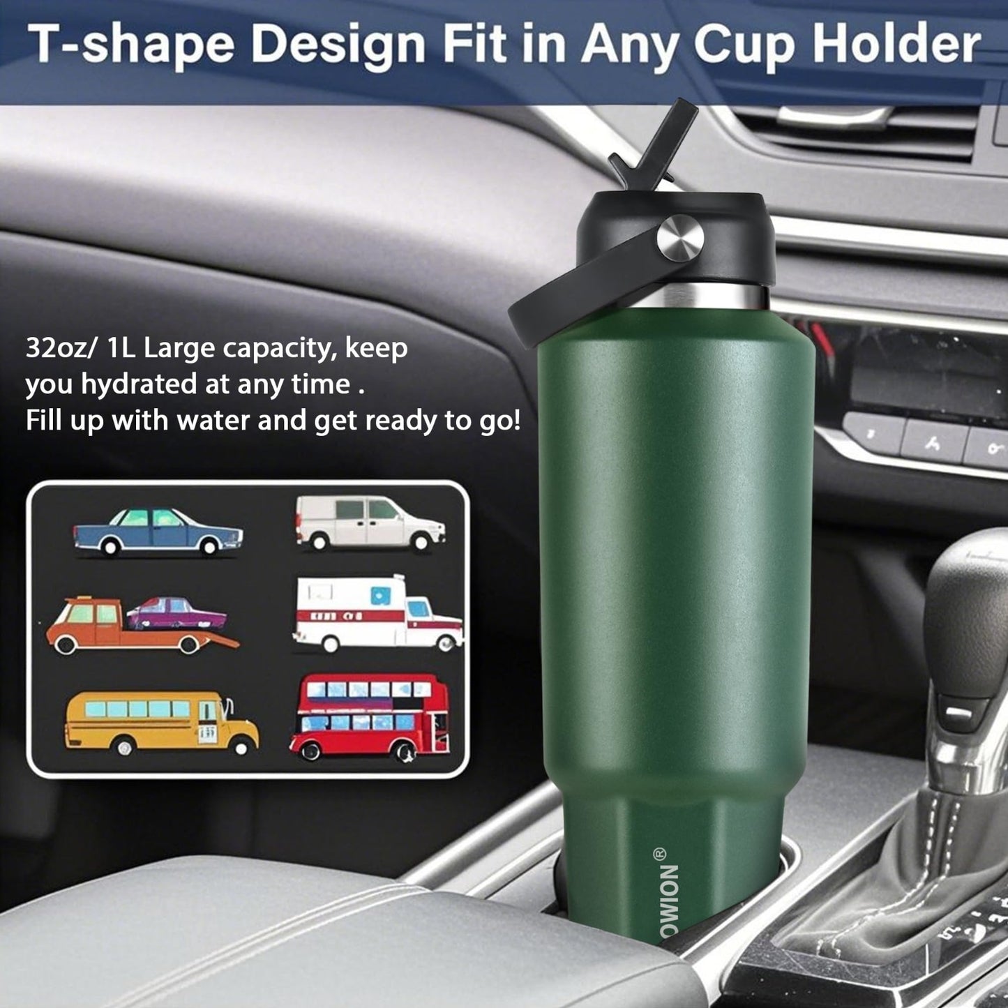 Insulated 40 oz Water Bottle with Straw & Spout Lid - Double Wall Vacuum, Hot/Co3