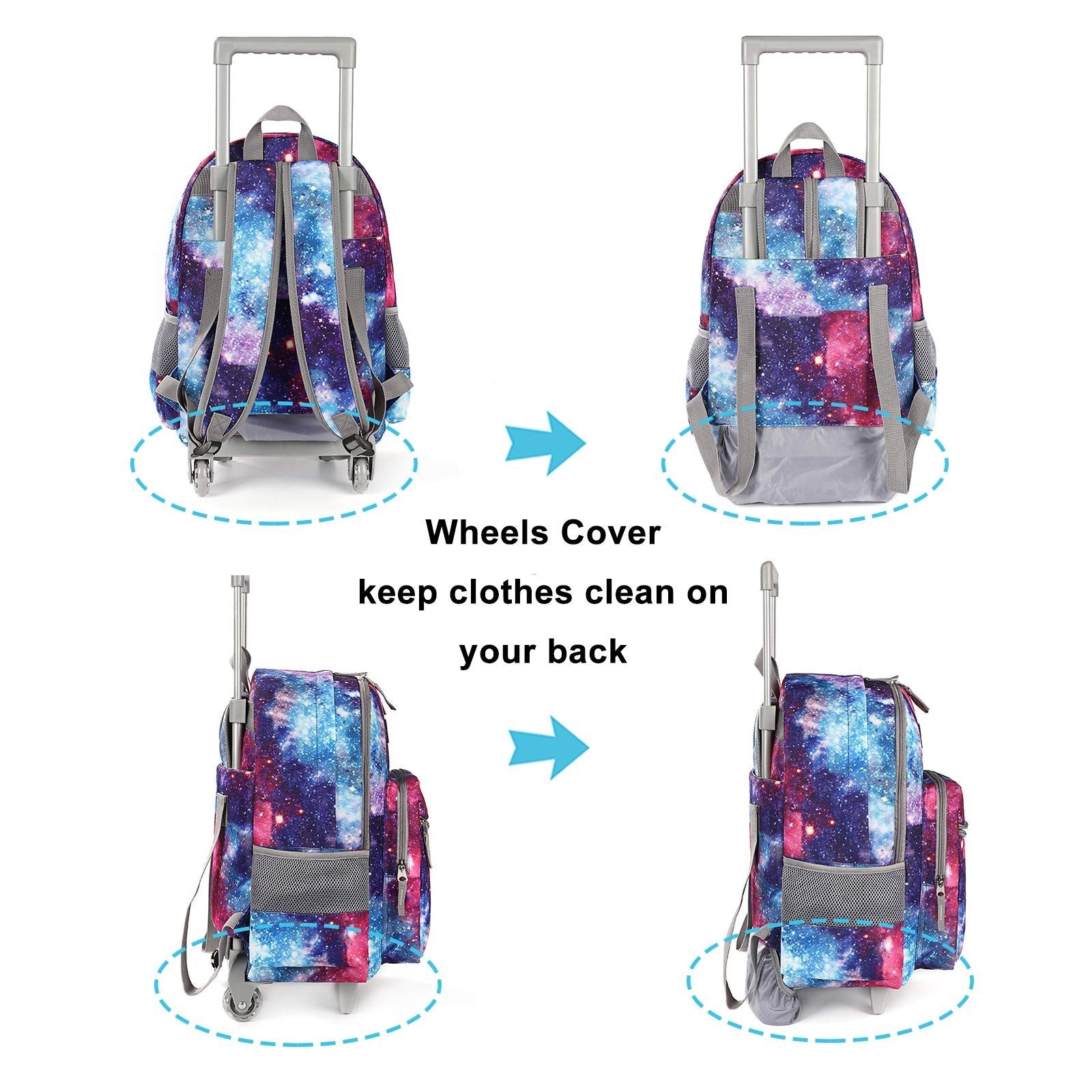 Wheeled Kids Rolling Backpack 18" with Lunch Bag, Double Handle, Galaxy Design5
