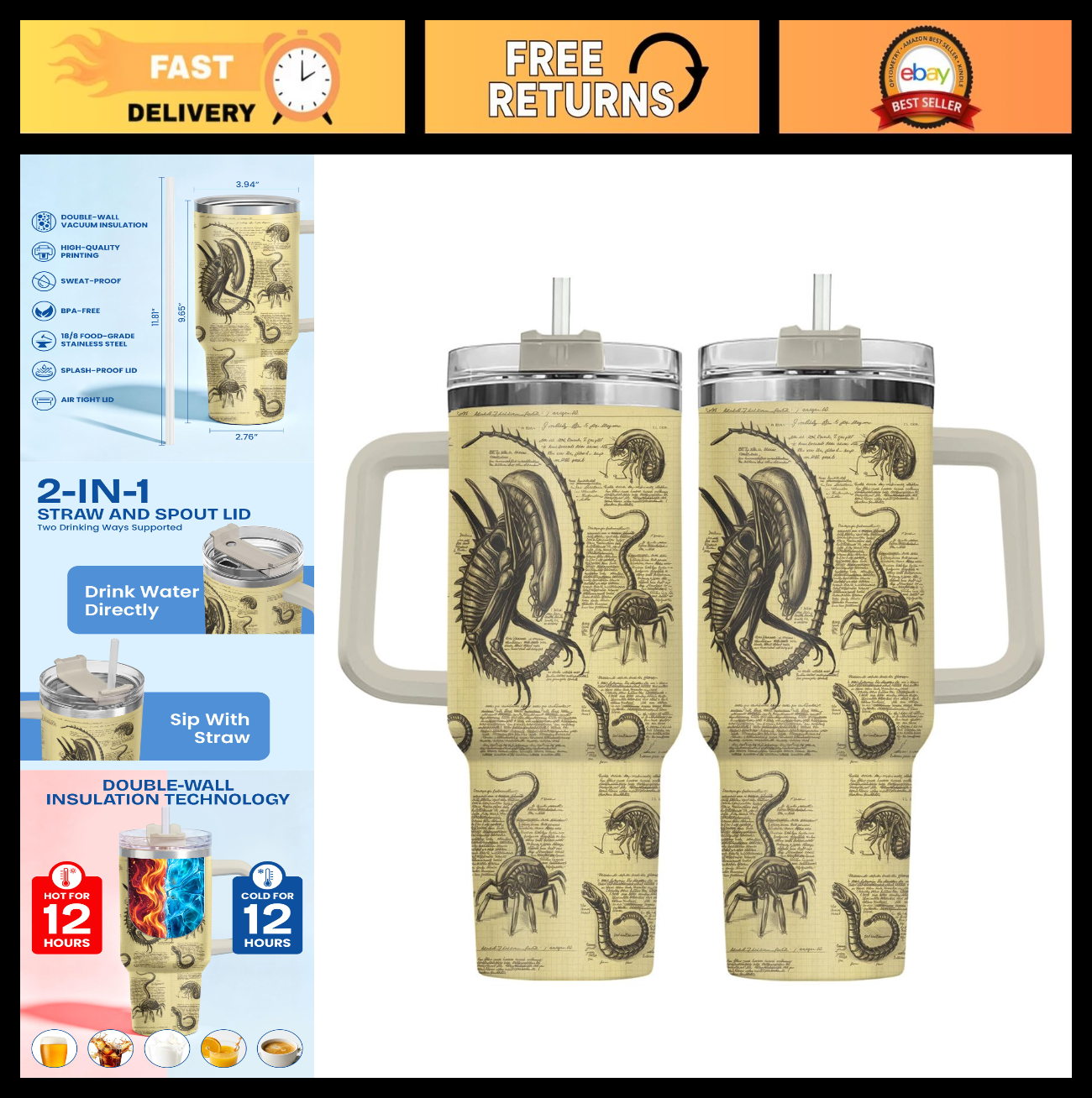 40oz Insulated Stainless Steel Tumbler with Handle & Straw   Horror Movie Gift0