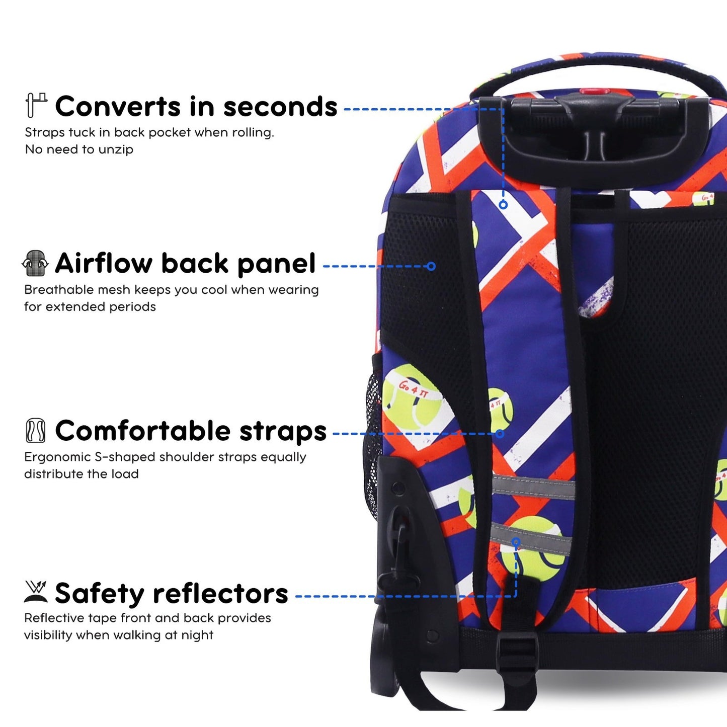 Kids Rolling Backpack with Wheels, 18" School Bookbag for Boys & Girls, Tennis D5