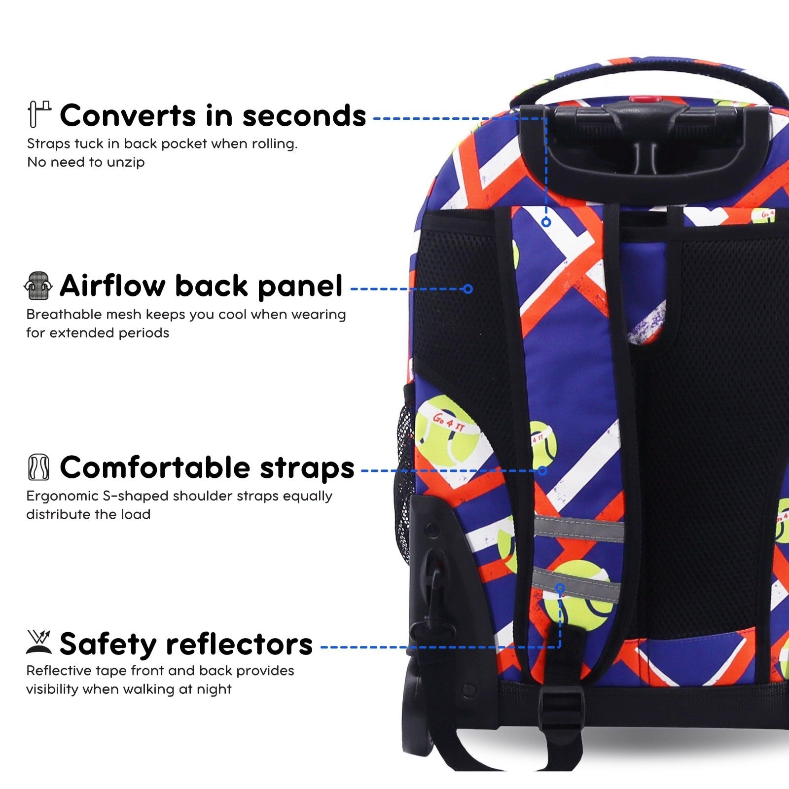 Kids Rolling Backpack with Wheels, 18" School Bookbag for Boys & Girls, Tennis D5