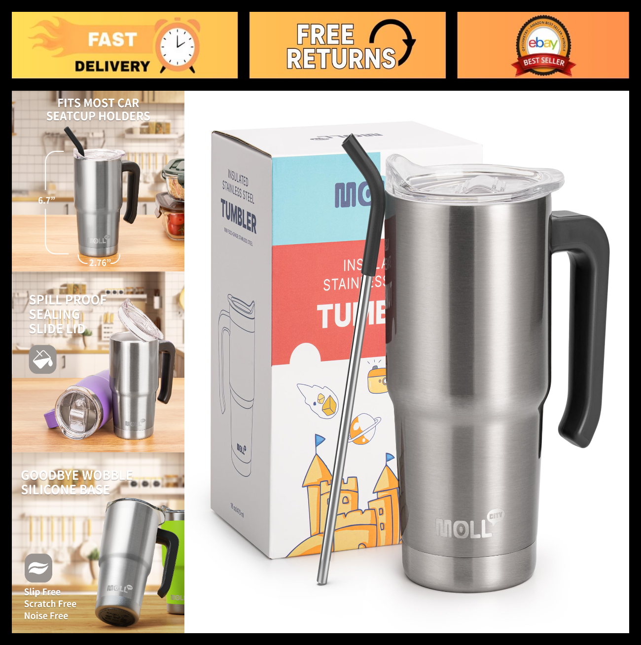 16 oz Insulated Stainless Steel Tumbler with Handle, Double Wall Travel Mug, Lid0
