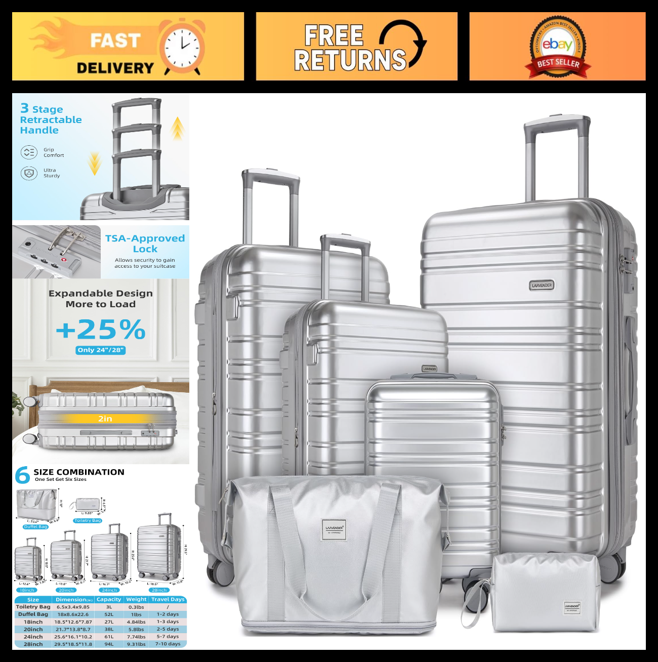 Expandable 6-Piece Luggage Set, Lightweight Hardshell Suitcases, TSA Lock, 360°0