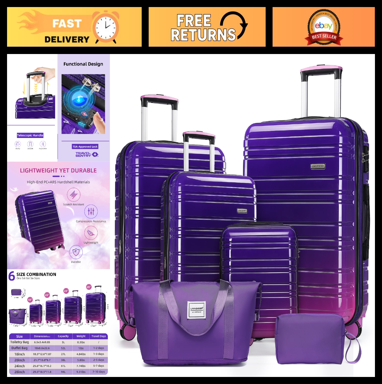 6-Piece Expandable Luggage Set, Lightweight Hardshell Suitcases, TSA Lock, 360°0