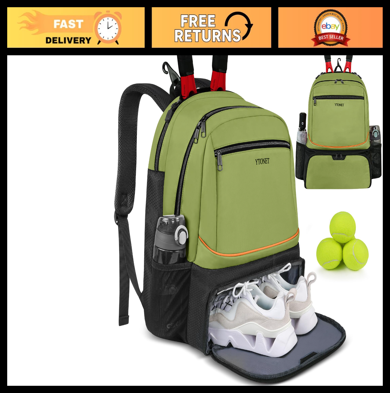 Insulated Tennis Backpack for 2 Rackets, Ventilated Shoe Compartment, Unisex0