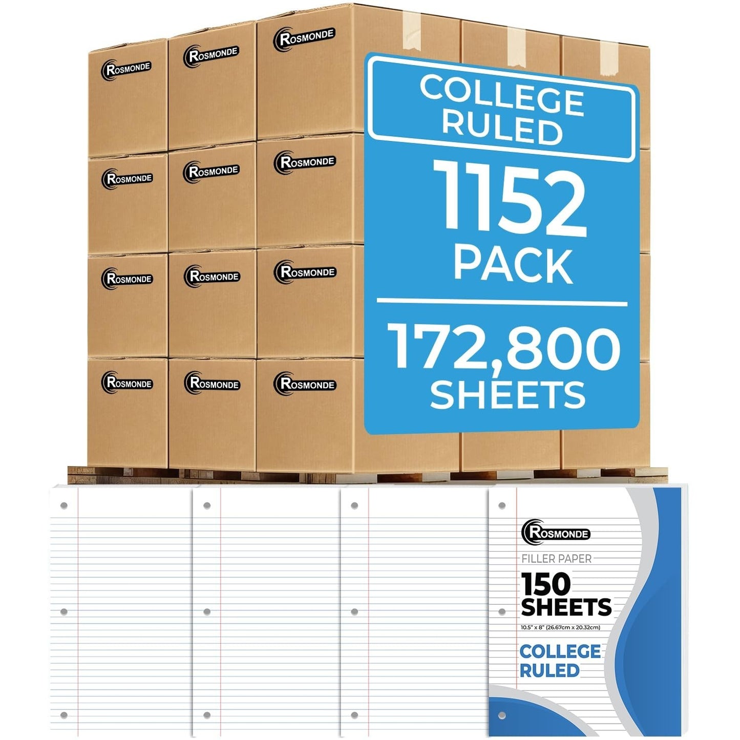 1152 Pack College Ruled Loose Leaf Paper, 172800 Sheets, 3 Hole Punched, Bulk Fi1