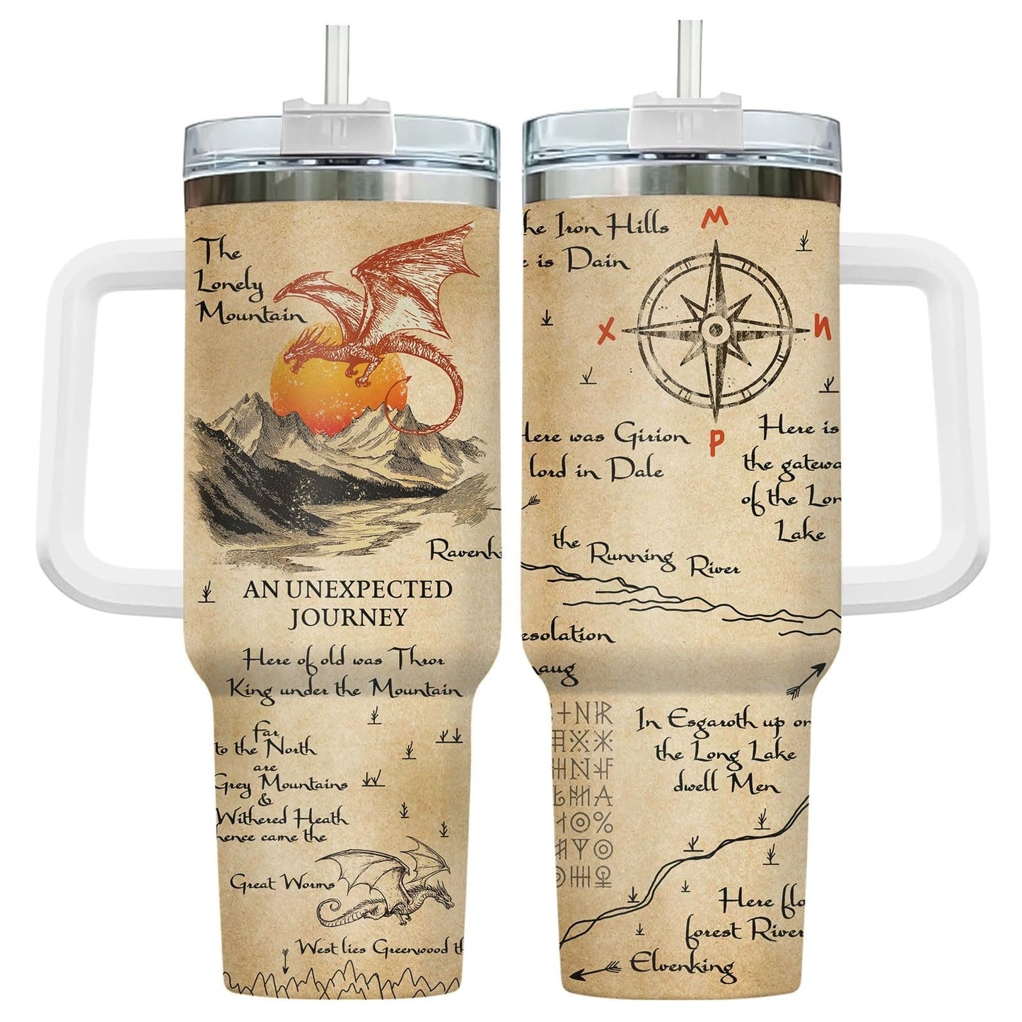 Fantasy Dragon Mountain Tumbler 40oz with Handle & Straw   Insulated Travel Mug1