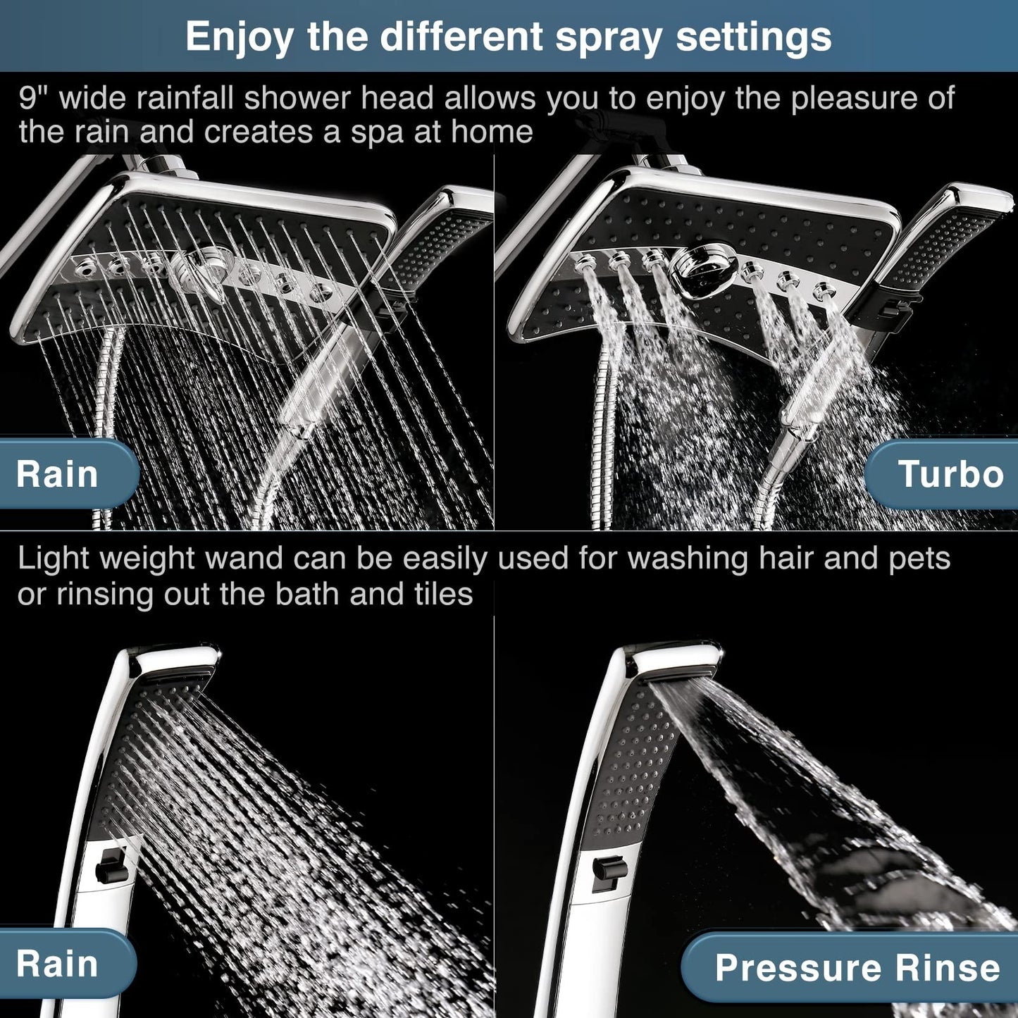 High Pressure Dual Shower Head Combo, Handheld & Rainfall Showerhead, 60" Hose2
