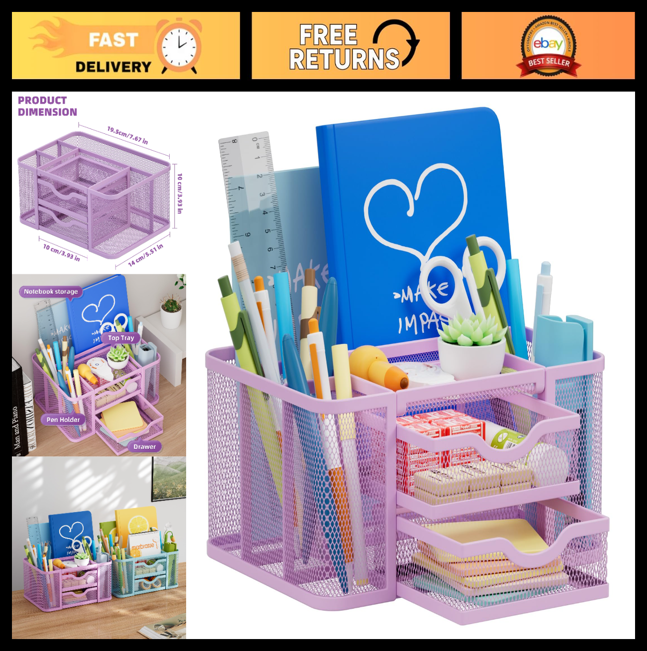Multi Functional Mesh Desk Organizer with 2 Drawers, 5 Compartments, Purple0