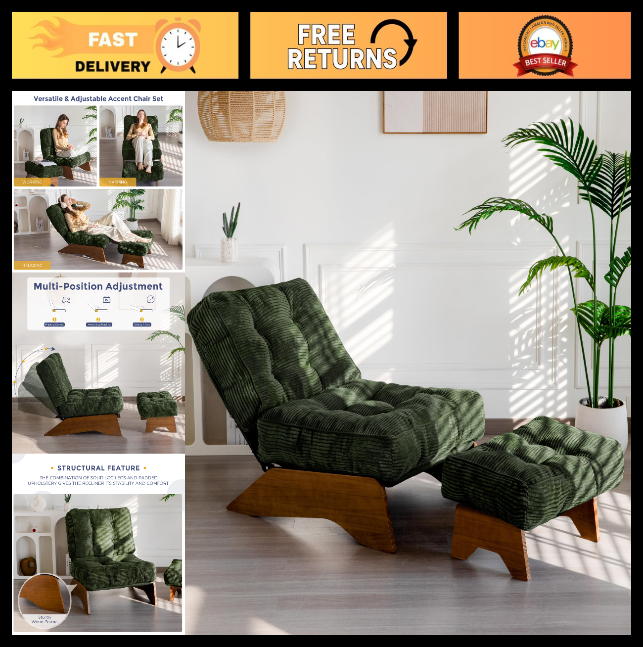Cozy Tufted Accent Chair with Ottoman, Adjustable Backrest, Modern Recliner for0