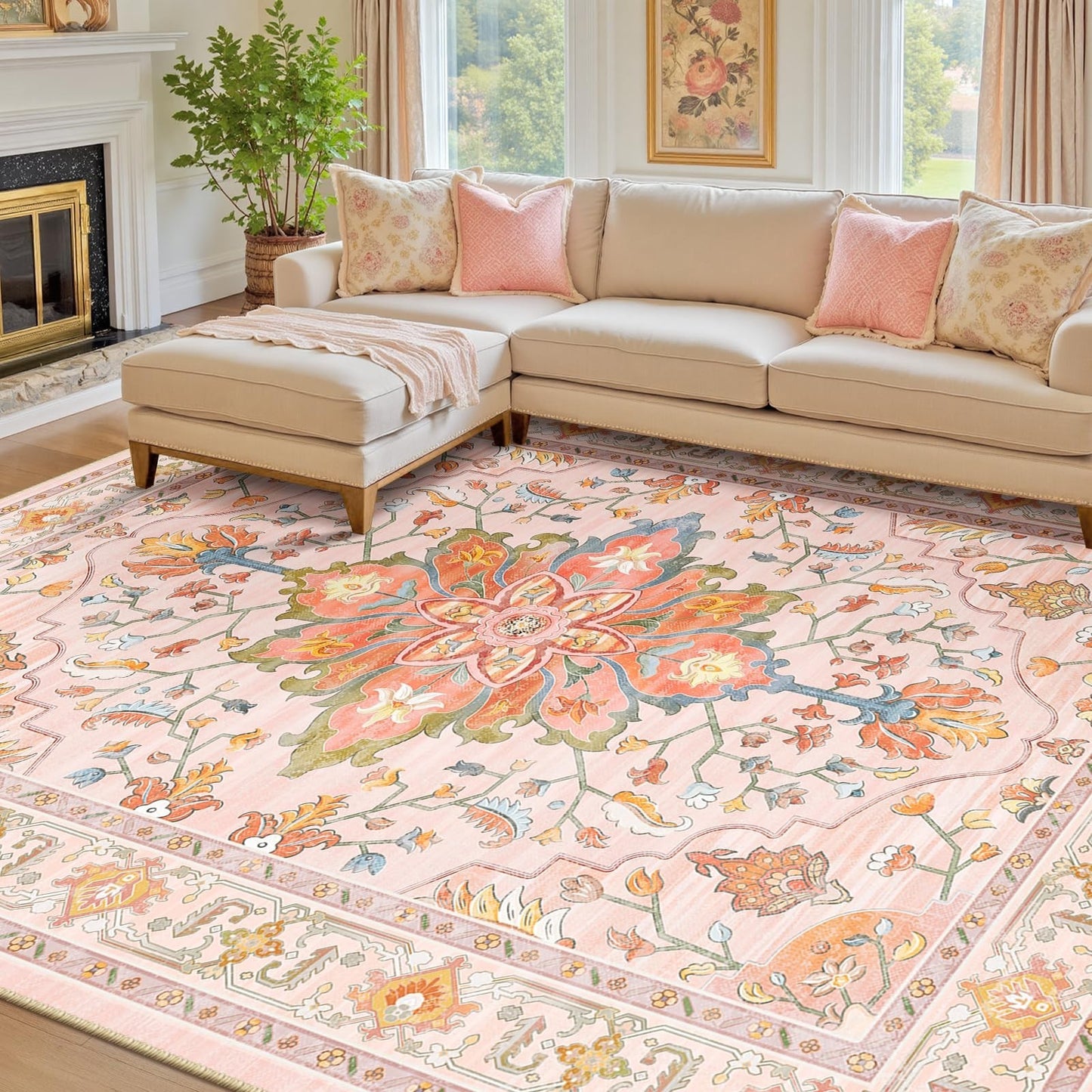 Washable 8'x10' Area Rug   Non Slip, Water Repellent, Pet Friendly, Vintage Flor2