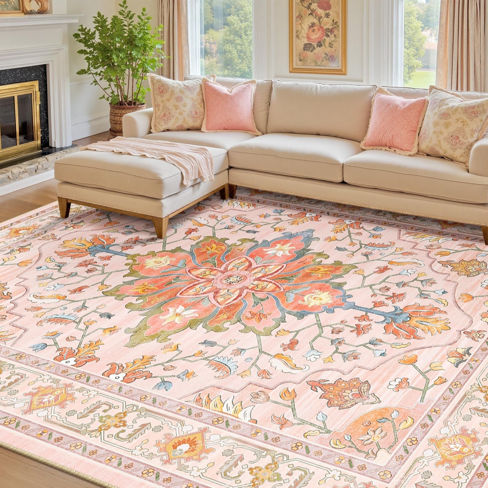 Washable 8'x10' Area Rug   Non Slip, Water Repellent, Pet Friendly, Vintage Flor2