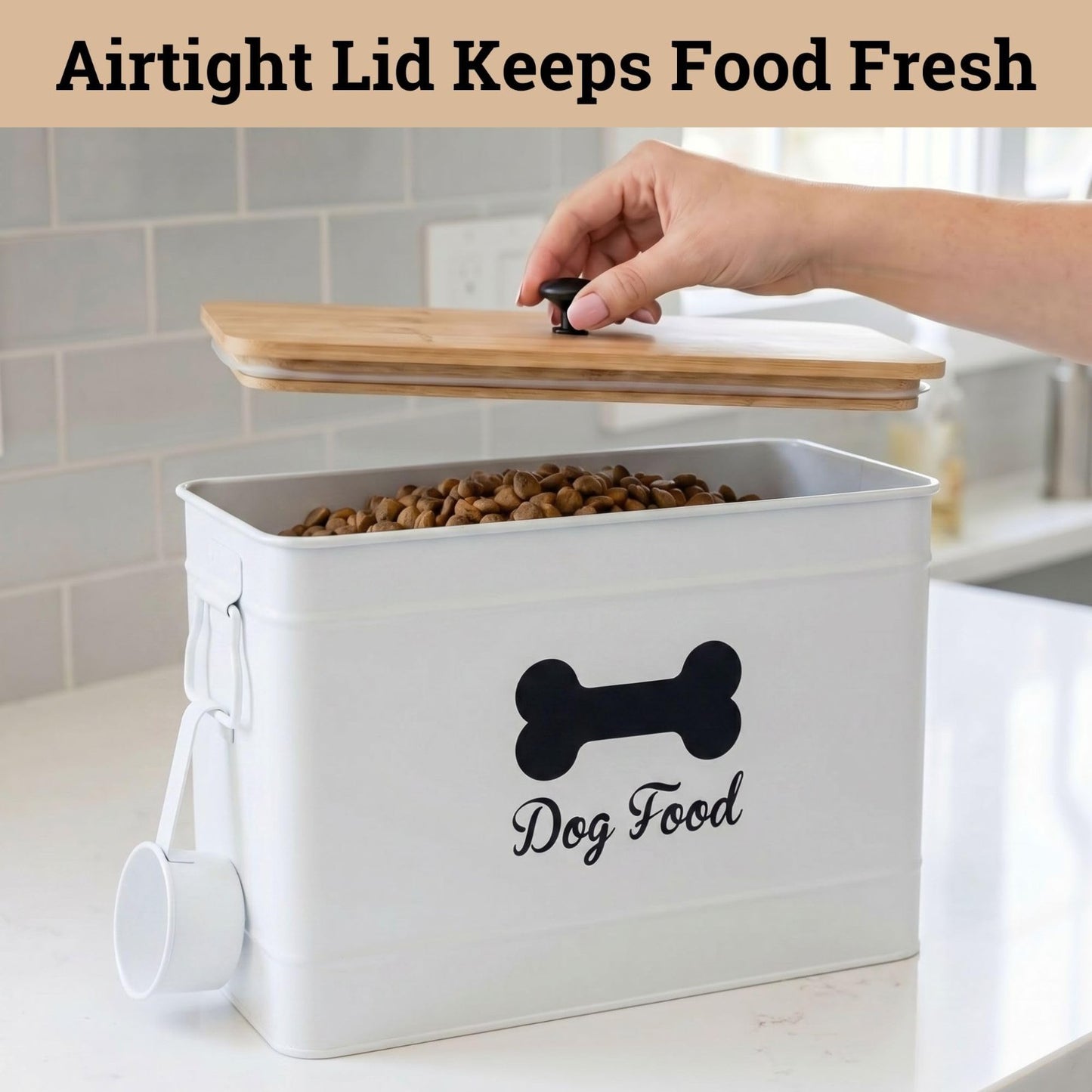 Airtight Metal Dog Food Container 15 20 lbs, 70 Cup Capacity, Bamboo Lid1