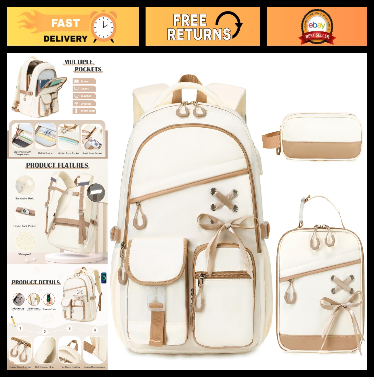 3PCS Girls School Backpack Set with Lunch Box & Pencil Pouch   Stylish & Durable0