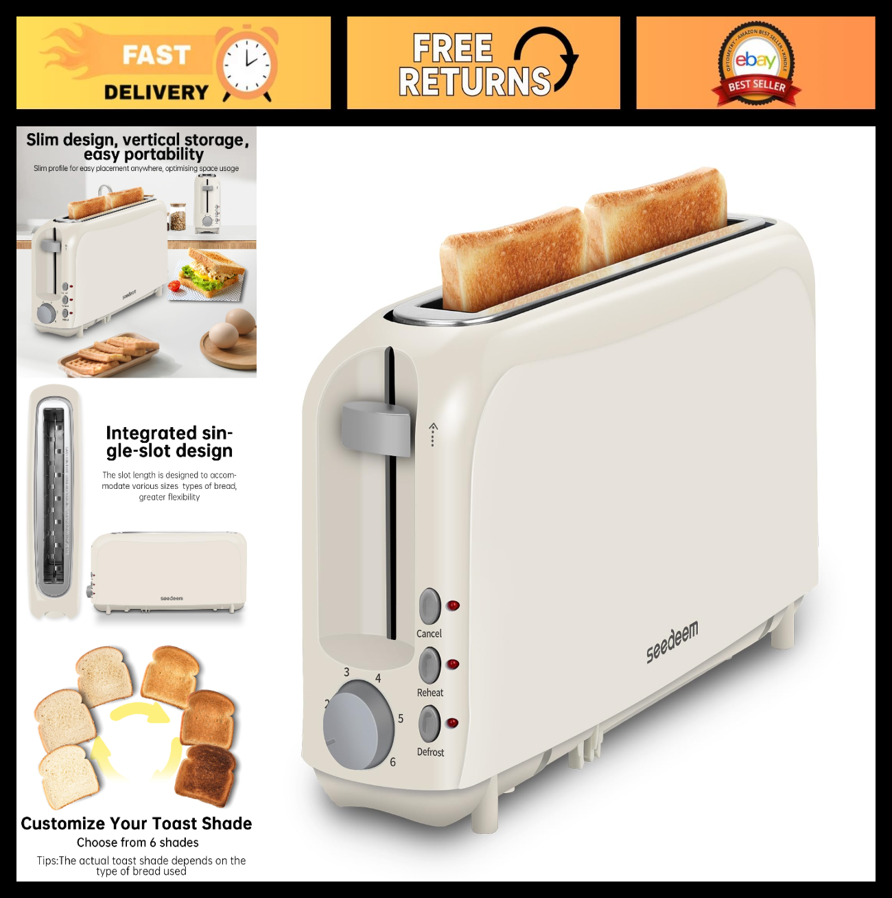 2-Slice Slim Toaster with Long Slot for Bagels & Artisan Bread, 6 Shade Settings0