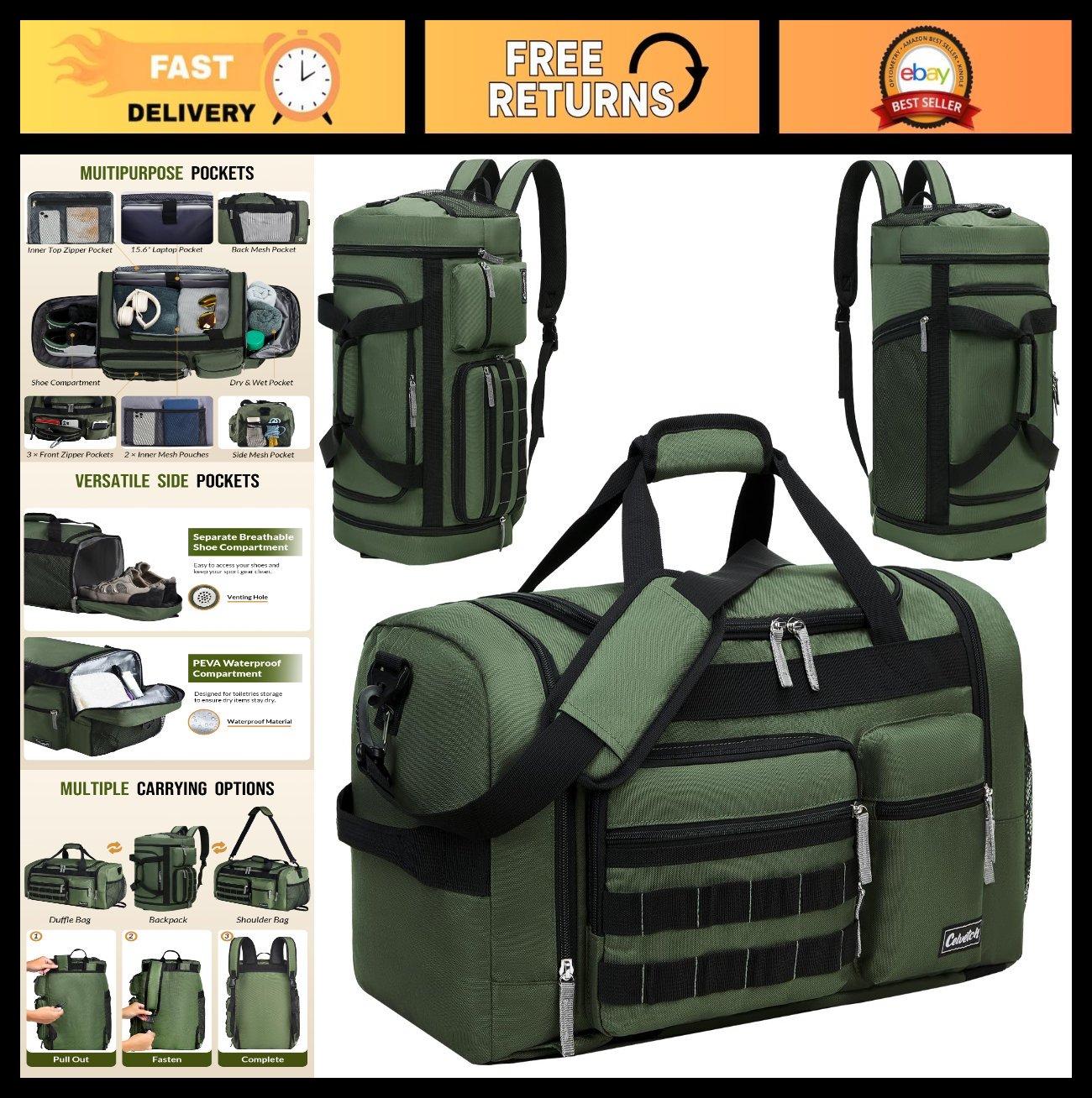 3-in-1 Gym Bag for Men & Women, 39L Sports Duffel, Weekender Backpack with Wet P0