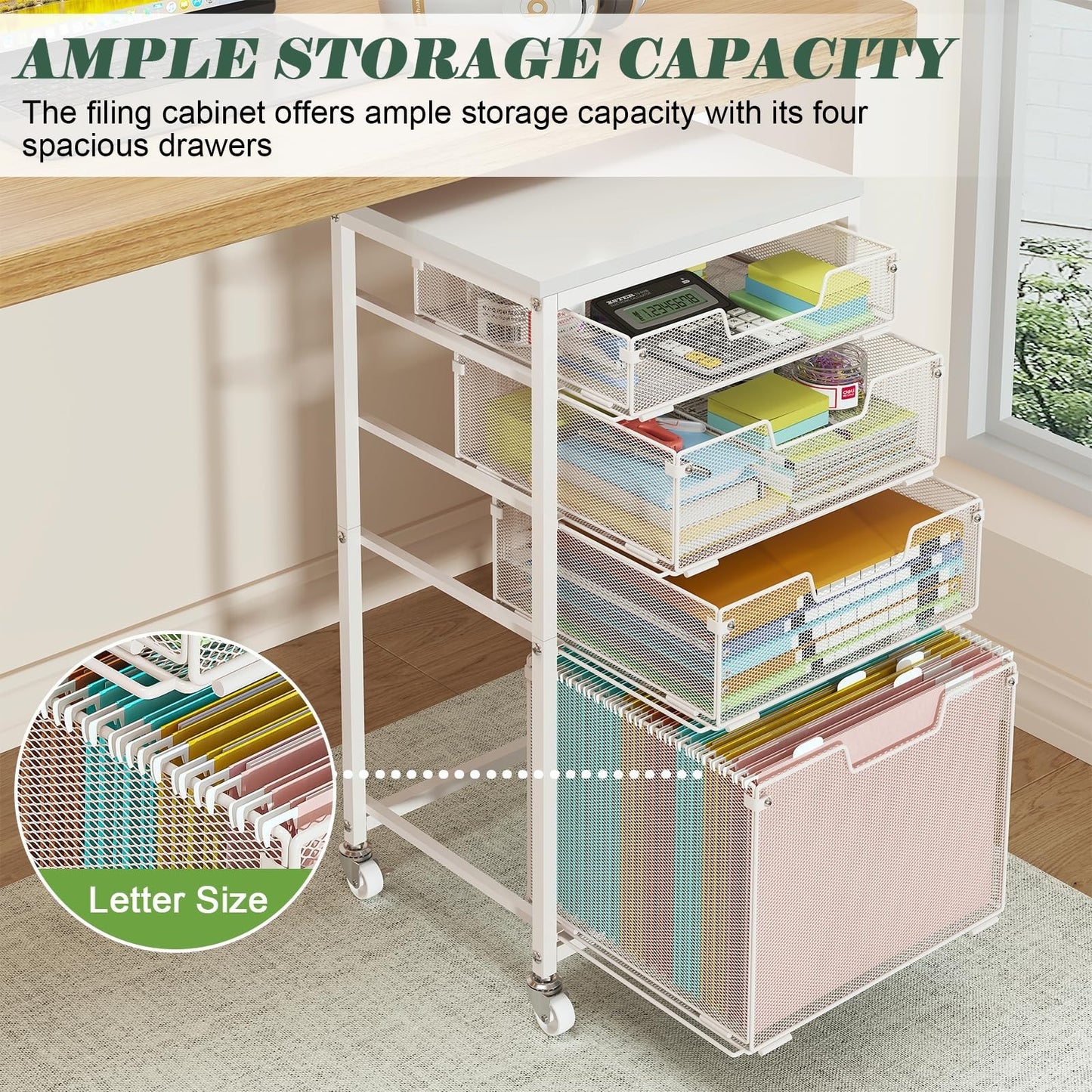 4 Drawer Mobile File Cart with Wheels, Under Desk Storage, Multifunctional Organ3