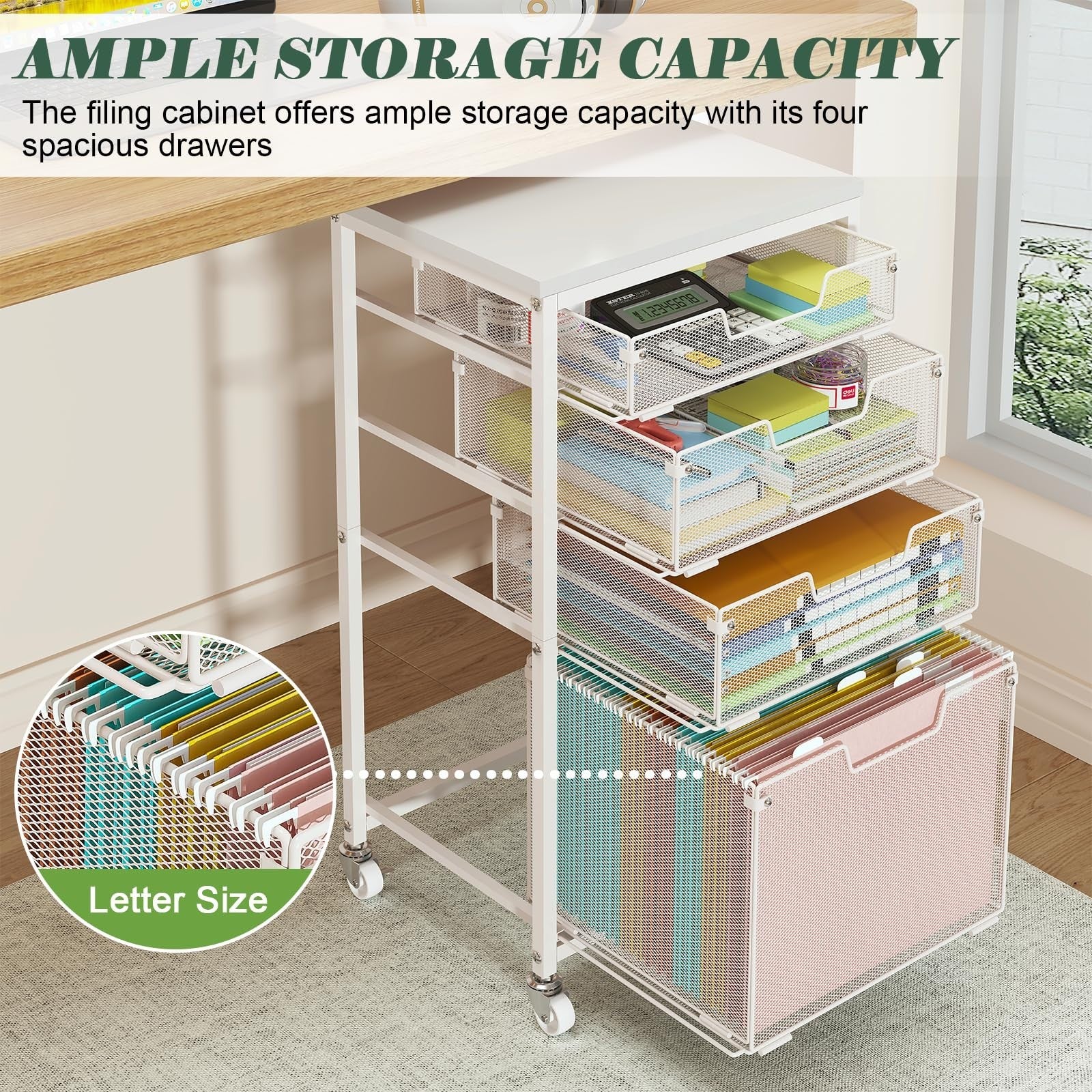 4 Drawer Mobile File Cart with Wheels, Under Desk Storage, Multifunctional Organ3