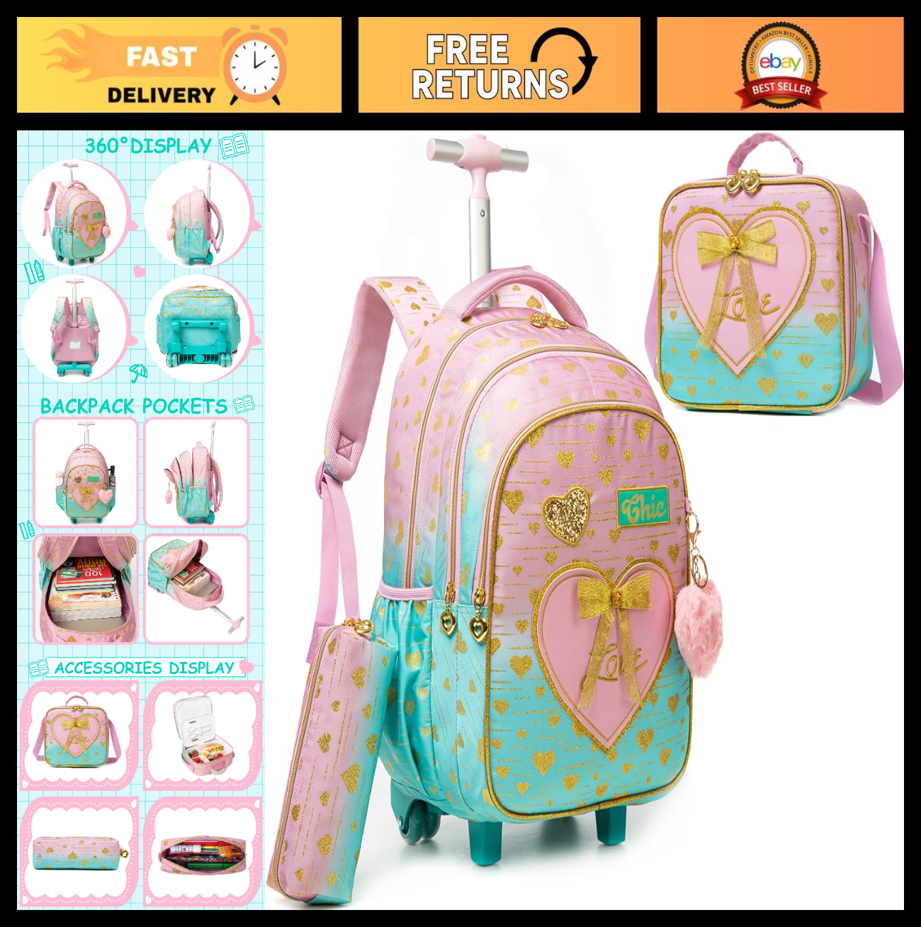 Rolling Kids Backpack with Wheels & Lunch Box   Travel Suitcase for Girls 6 80