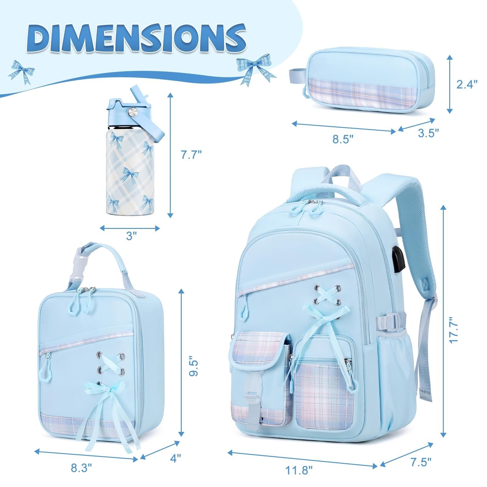 Girls Backpack Set with Insulated Water Bottle, Lunch Bag & Pencil Pouch   Plaid1