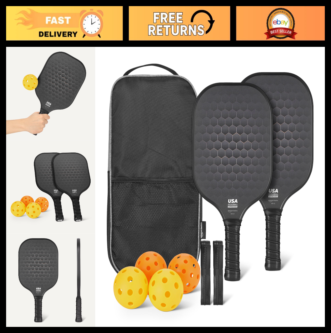 Set of 2 USAPA Approved Carbon Fiber Pickleball Paddles with 4 Balls & Carry Bag0