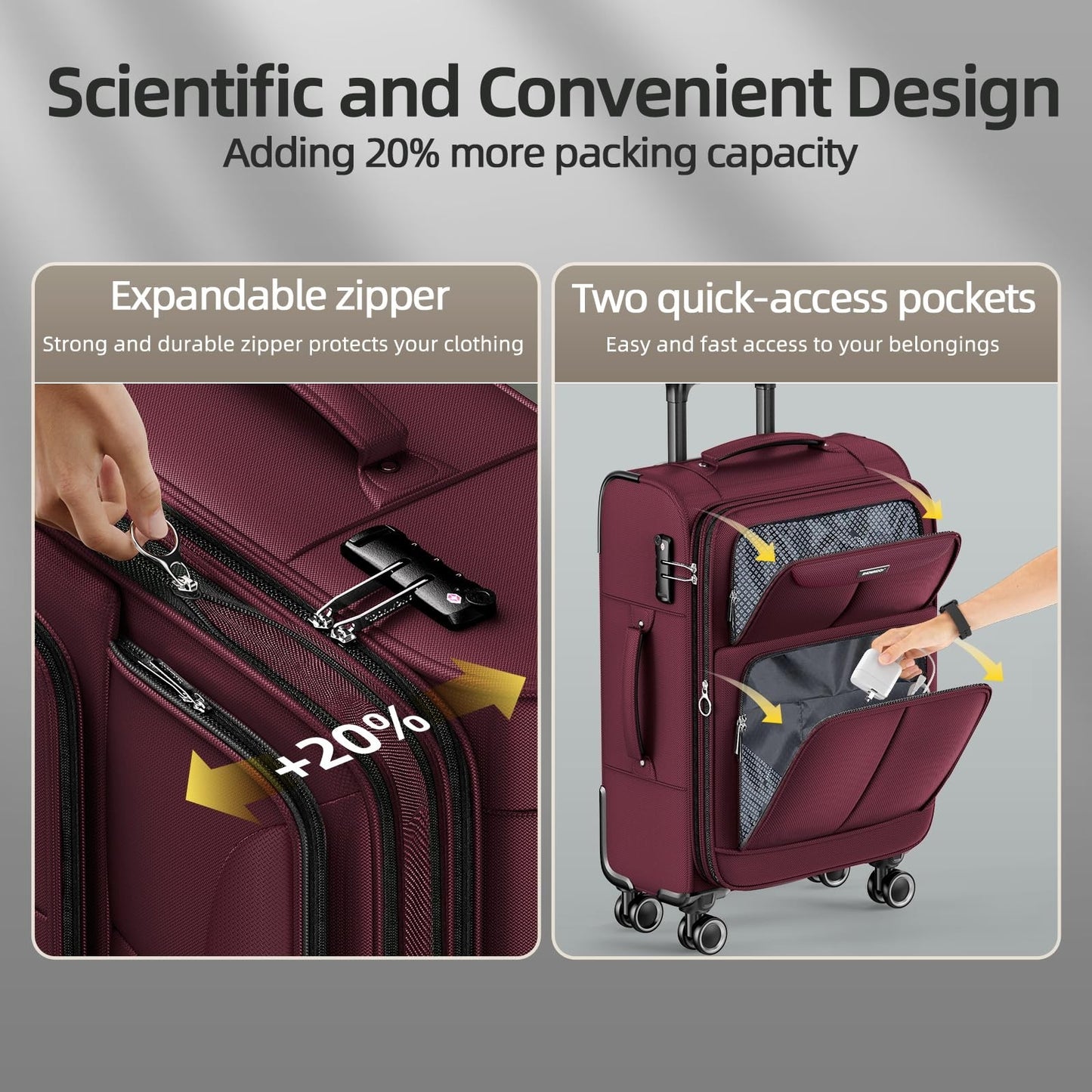 3 Piece Softside Luggage Set - Expandable, Lightweight, 360° Spinner Wheels, TSA3