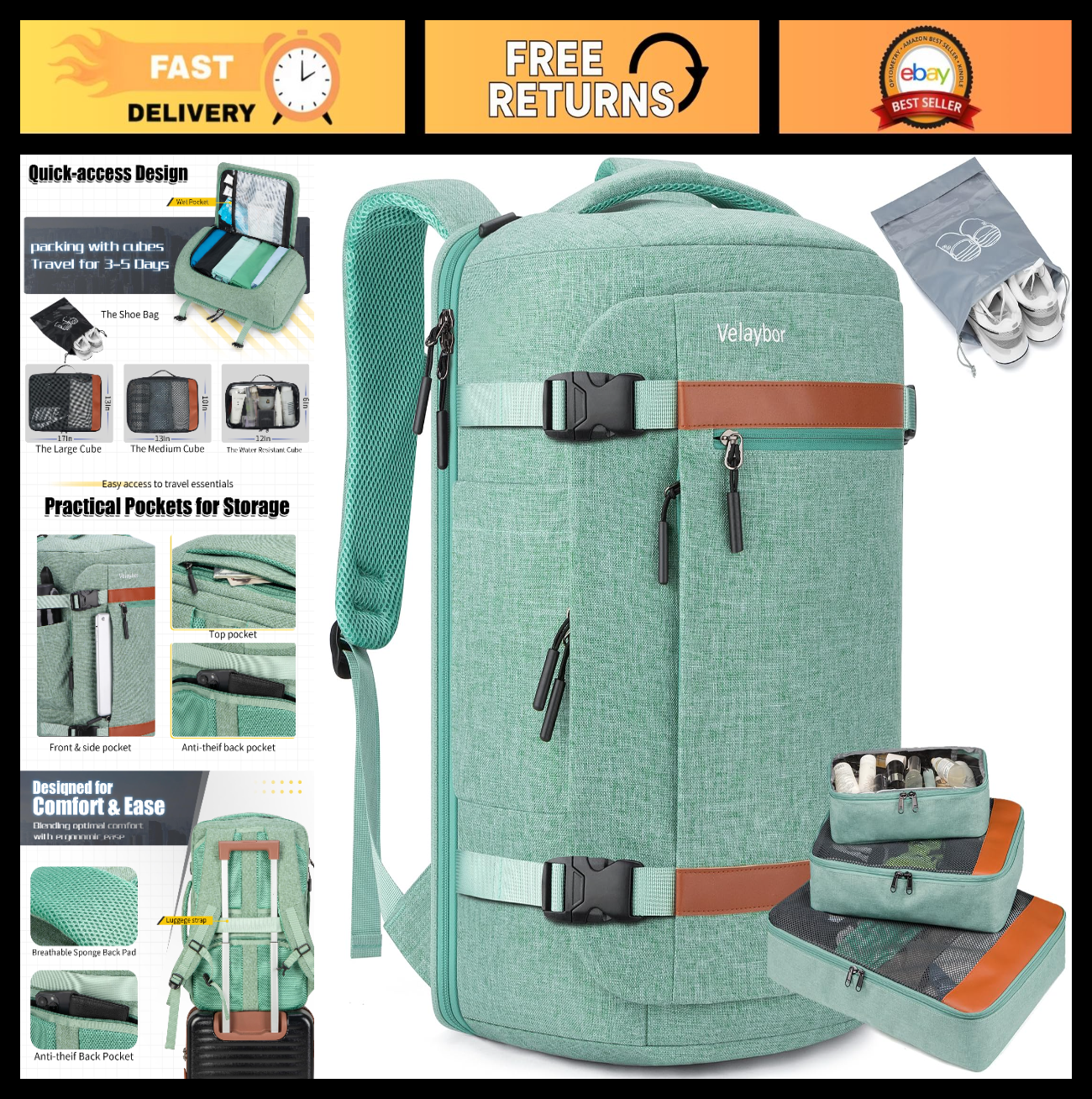 42L Travel Backpack with USB Port, Water-Resistant Carry-On, Fits 17.3" Laptop0