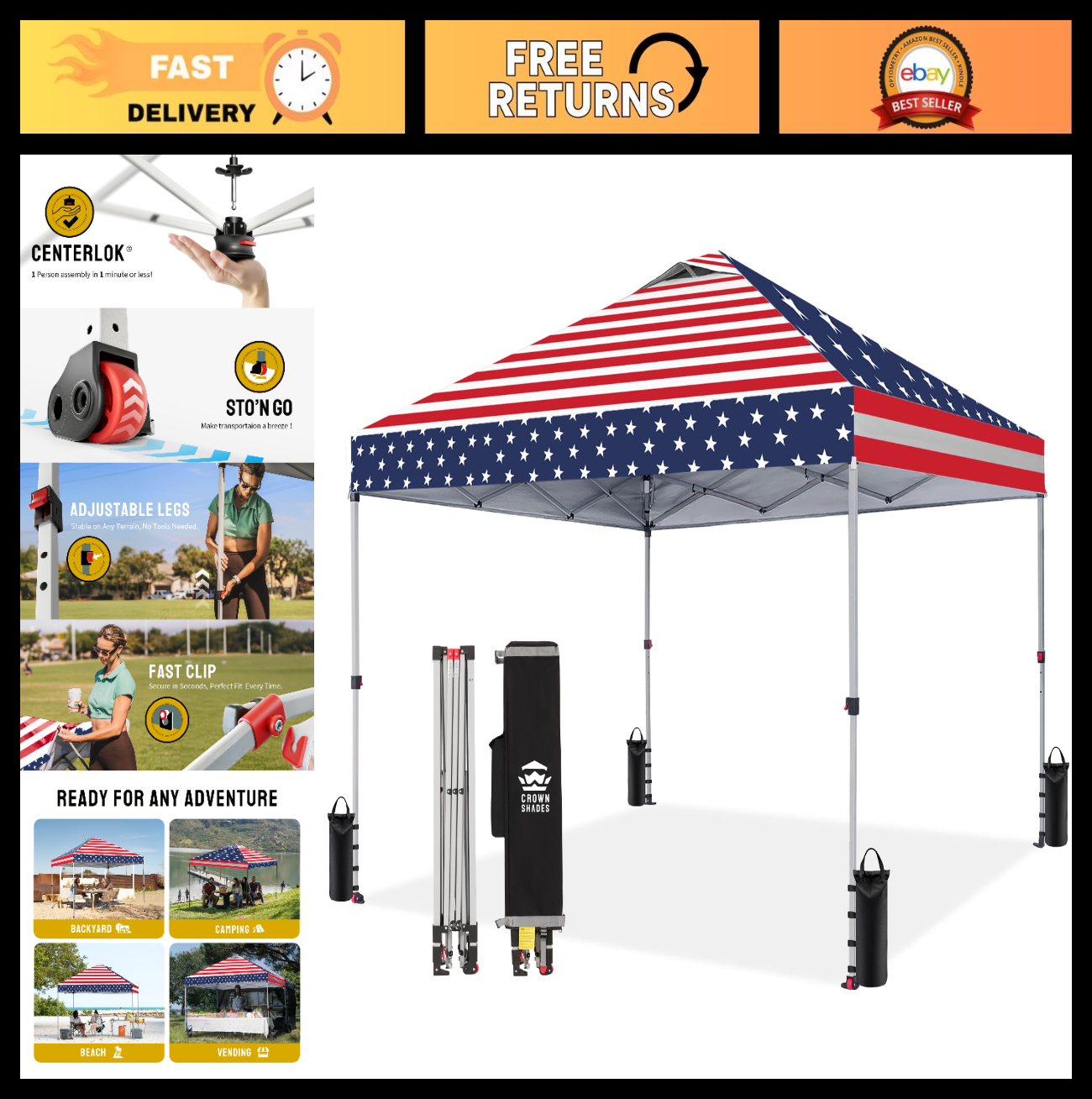 10x10 Pop Up Canopy Tent   Easy Setup, American Flag Design, Outdoor Shade for E0