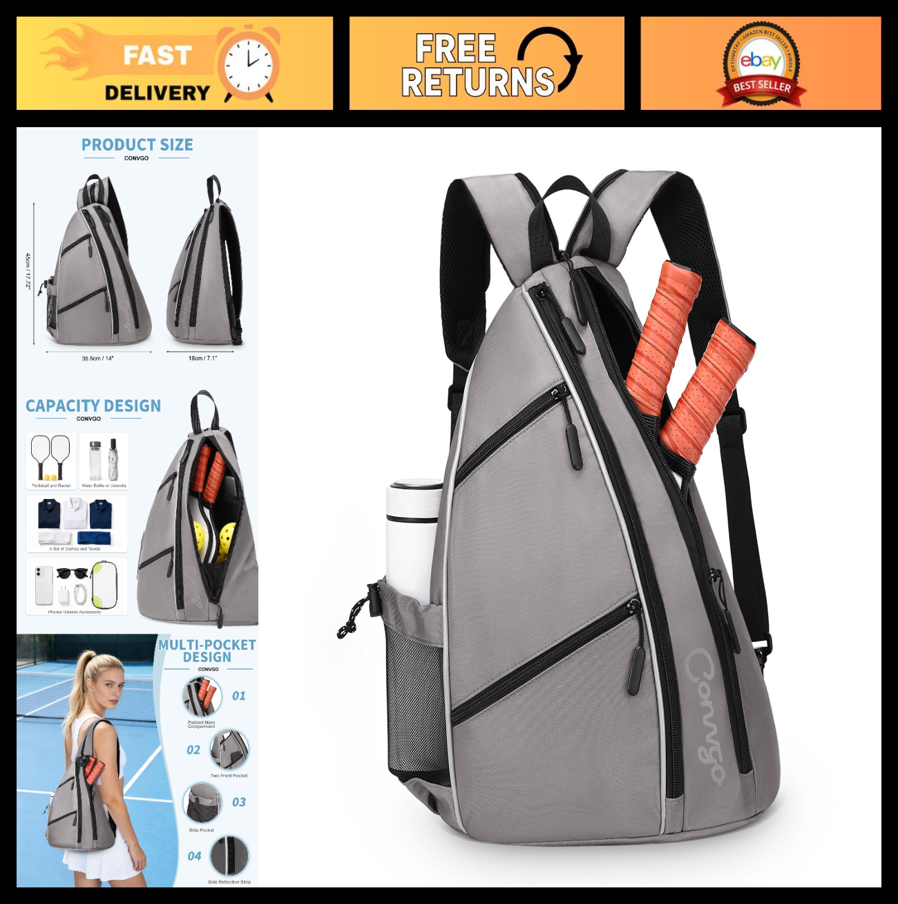 Adjustable Pickleball Backpack & Sling Bag - 2-in-1 Sports Bag for Tennis & Pick0