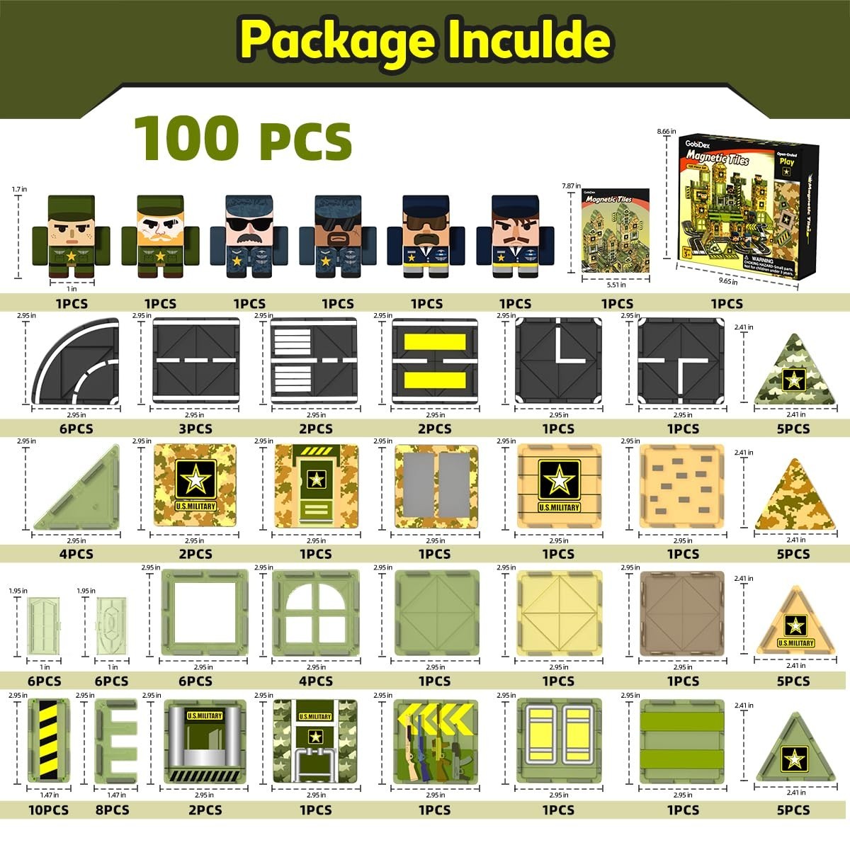 100PCS Magnetic Building Tiles Set - STEM Educational Toy with Army Figures for4