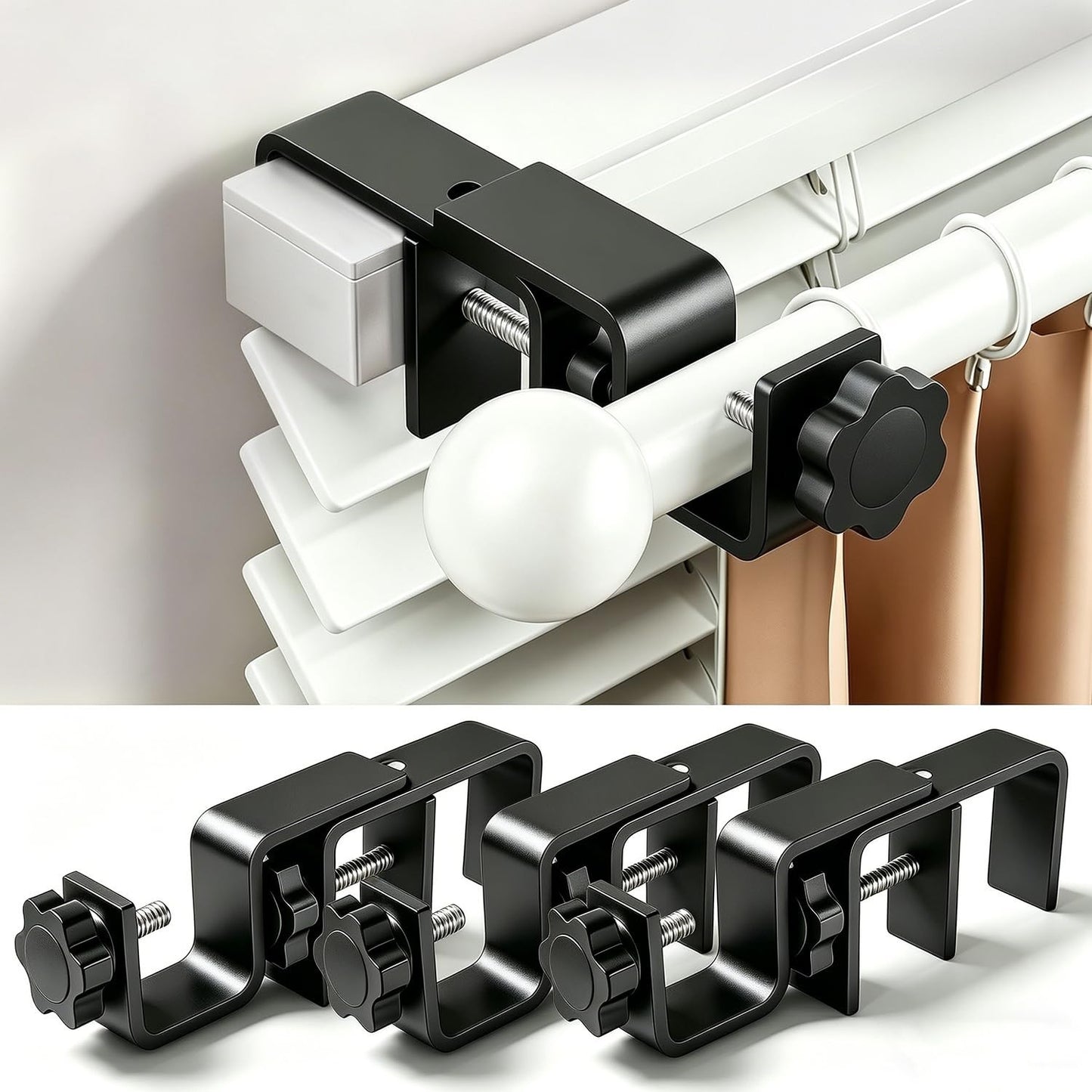 No Drill Curtain Rod Brackets for Outside-Mount Blinds, Tool-Free Holders, 3 Pac0
