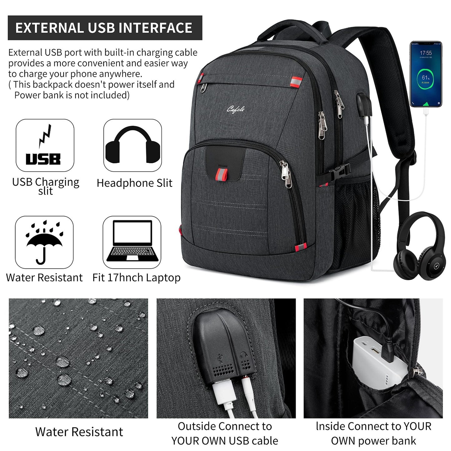 Waterproof 17" Laptop Backpack, Large Travel Bookbag with USB Charging Port, Gre3