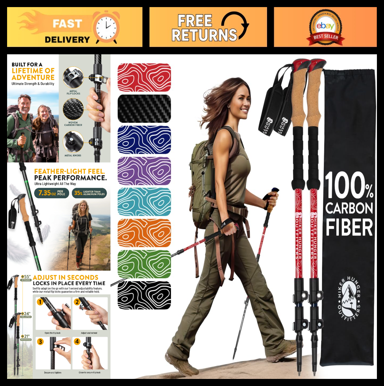 Lightweight Carbon Fiber Trekking Poles - Collapsible Hiking Sticks with Cork Gr0