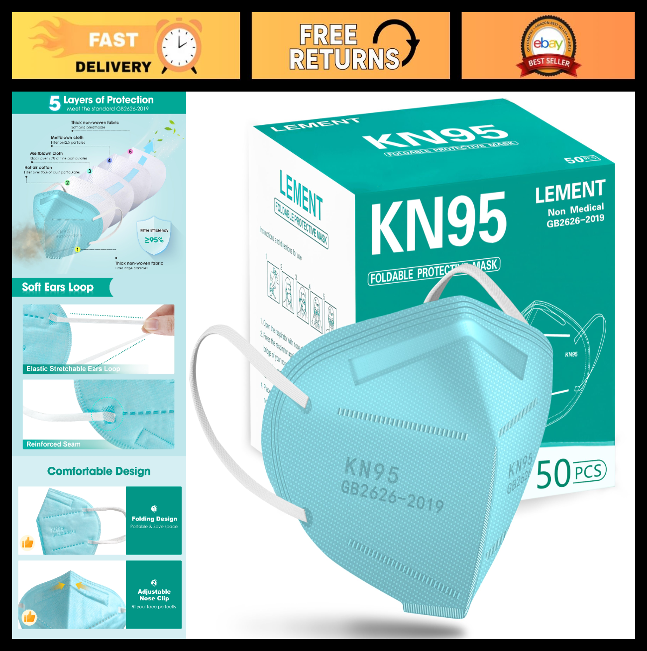 50 Pack KN95 Face Masks, 5 Ply Breathable Disposable Dust Masks for Adults, Blue0