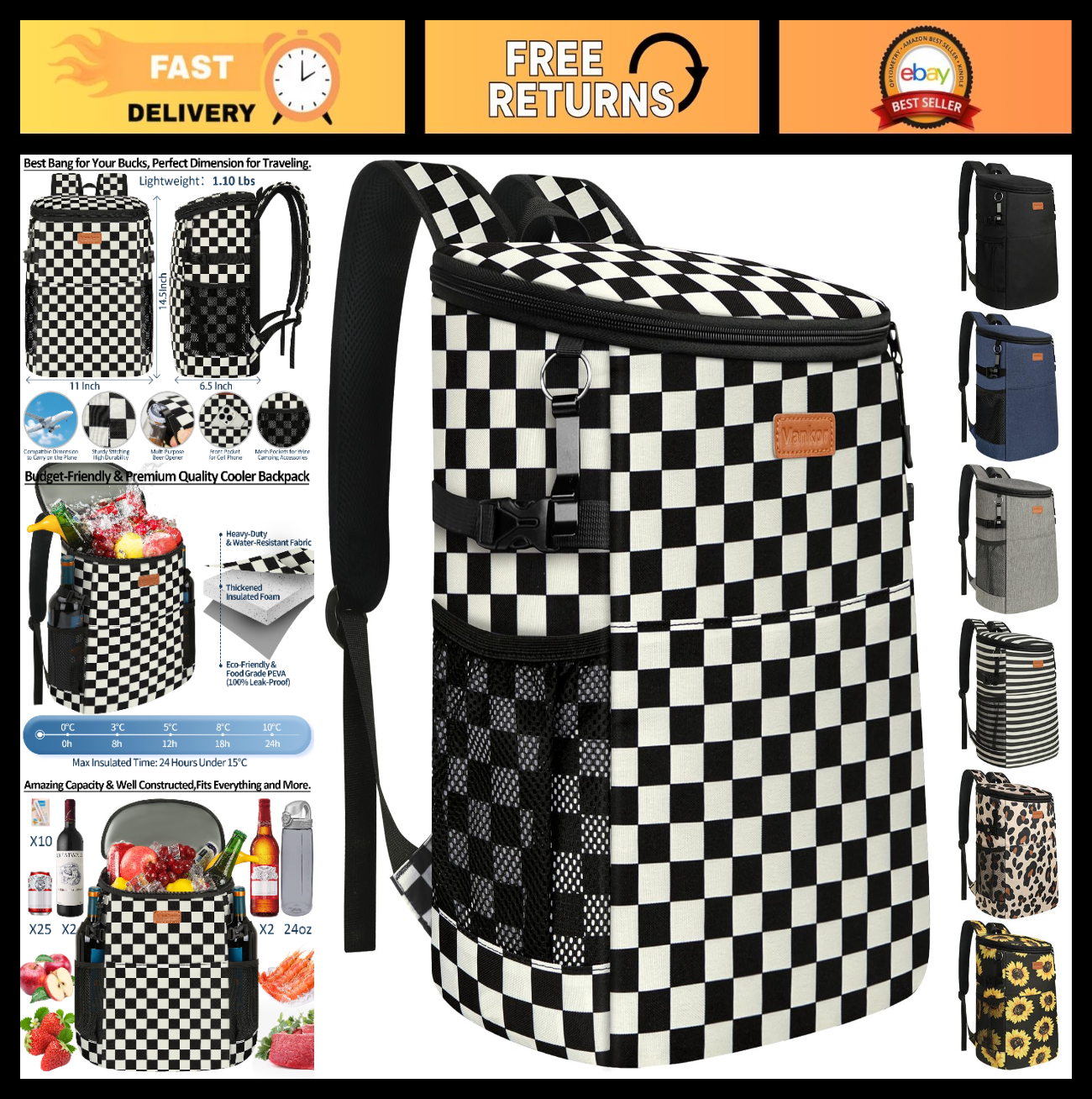 Insulated Camping Cooler Backpack - Holds 30-45 Cans, Waterproof & Leak Proof, I0