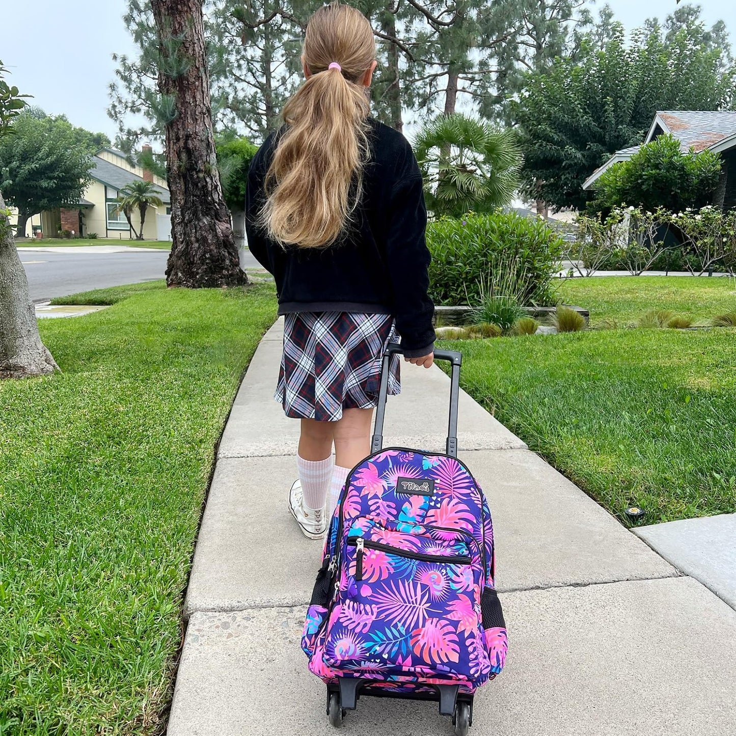 Wheeled Kids Backpack 18" with Lunch Bag, Double Handle, Pink Leaves Design1
