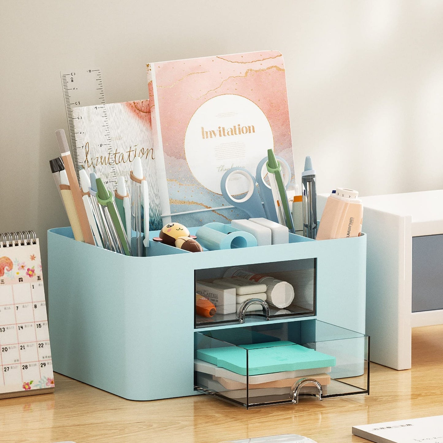 Multi Functional Desk Organizer with 2 Drawers, 5 Compartments, Pencil Holder, B4