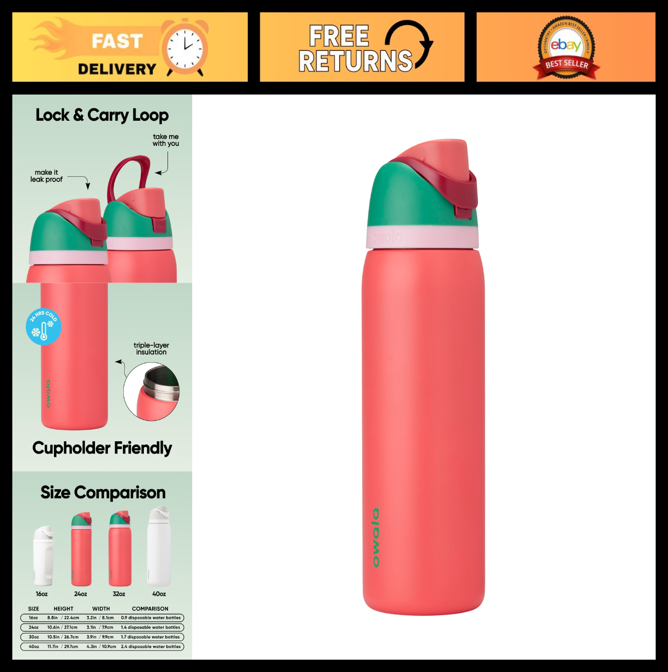Insulated Stainless Steel Water Bottle 32oz with Straw   BPA Free for Sports, Tr0