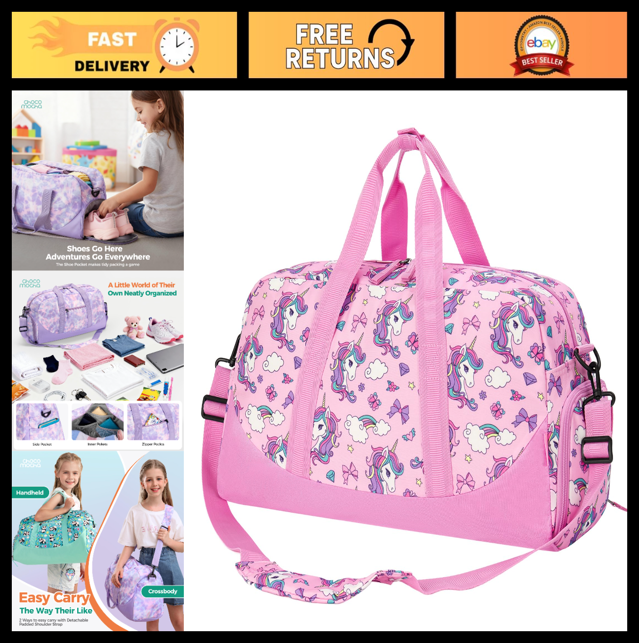 Unicorn Kids Duffle Bag - Girls Overnight Travel Bag with Shoe Compartment, Pink0